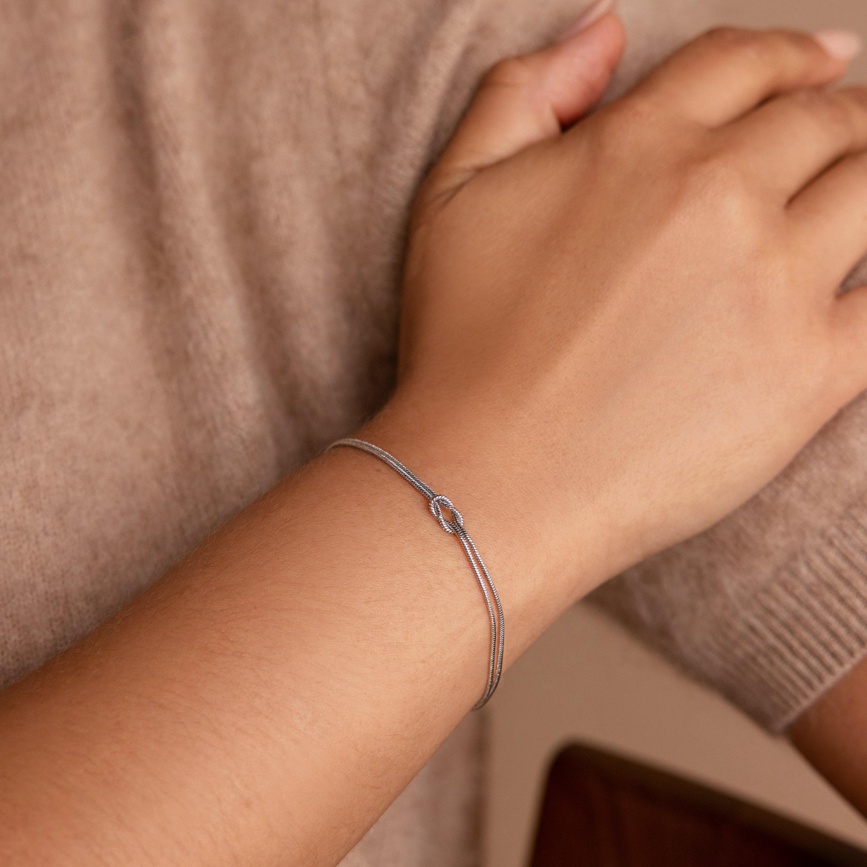 Double Snake Chain Love Knot Bracelet in 18K Gold Over Brass
