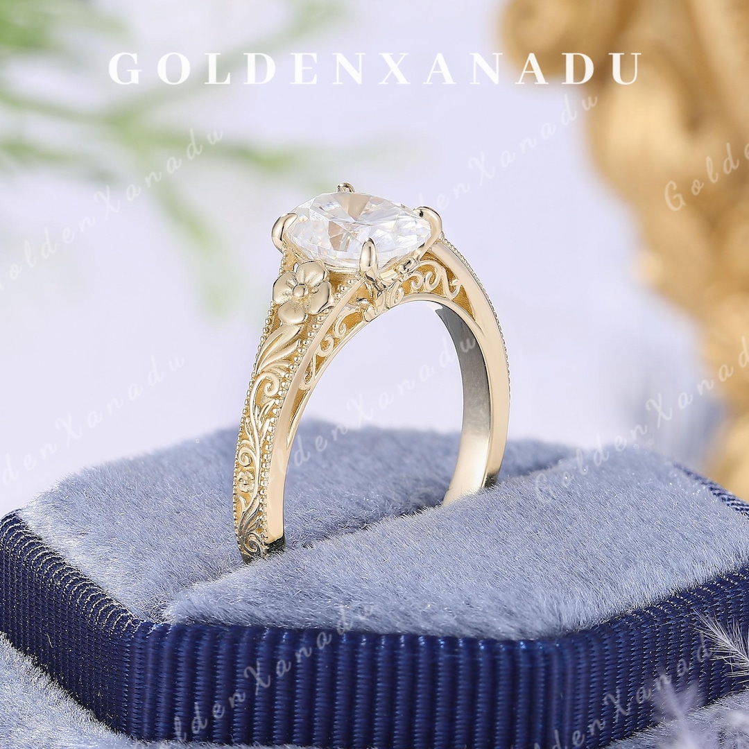Vintage Floral Moissanite Engagement Ring, Oval Cut