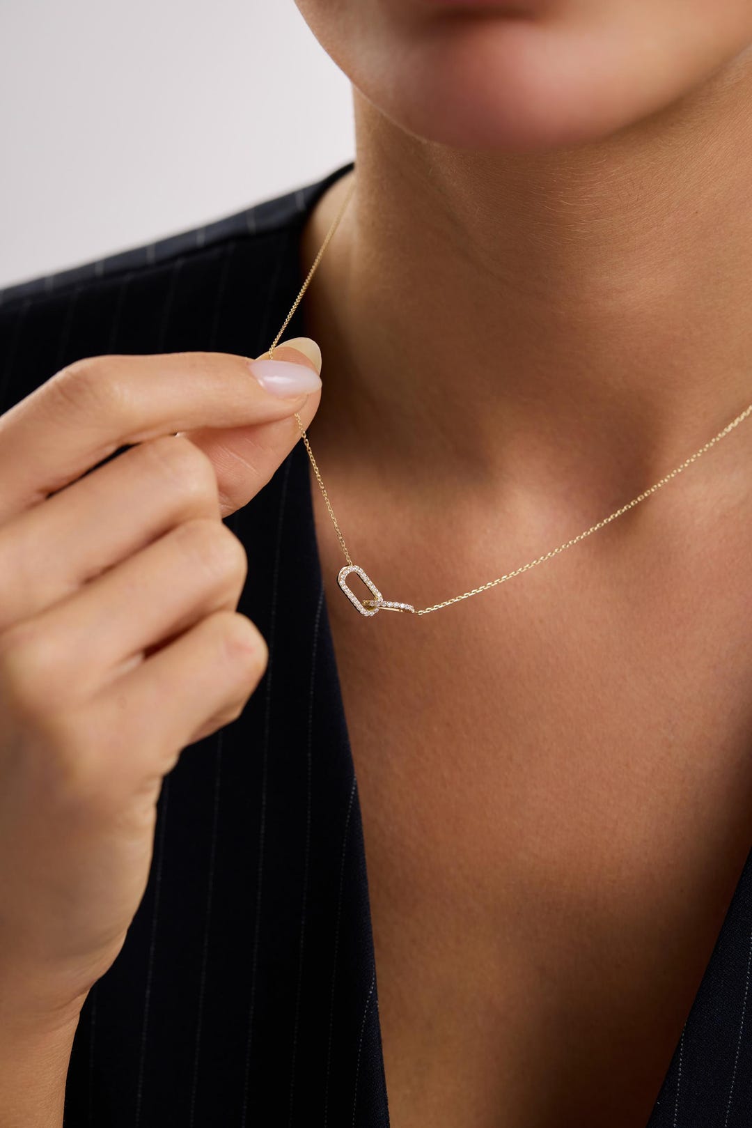 14K Gold Diamond Link Necklace with Modern Asymmetrical Pendant