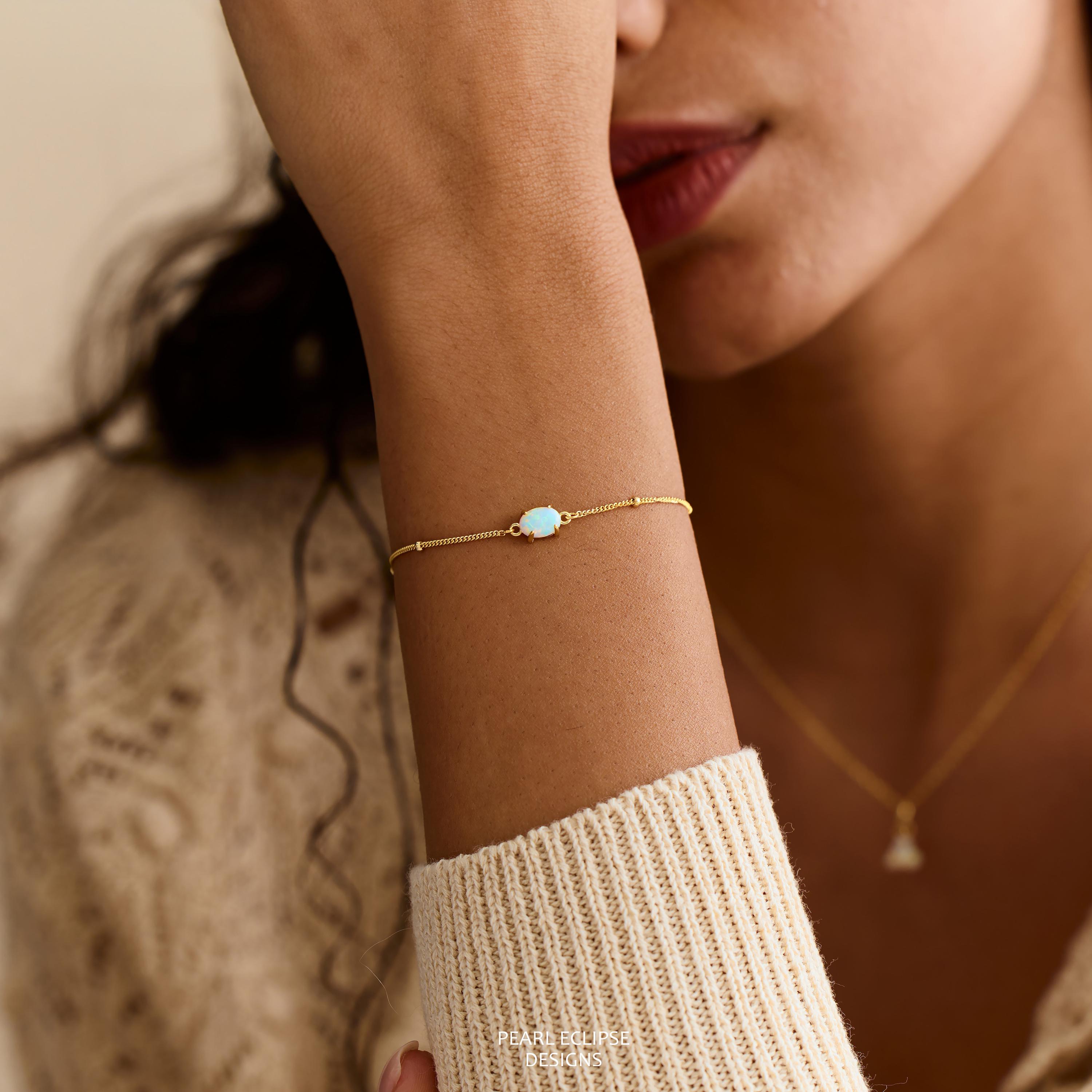 Dainty Natural Opal Bracelet on a Minimalist Gold Beaded Chain