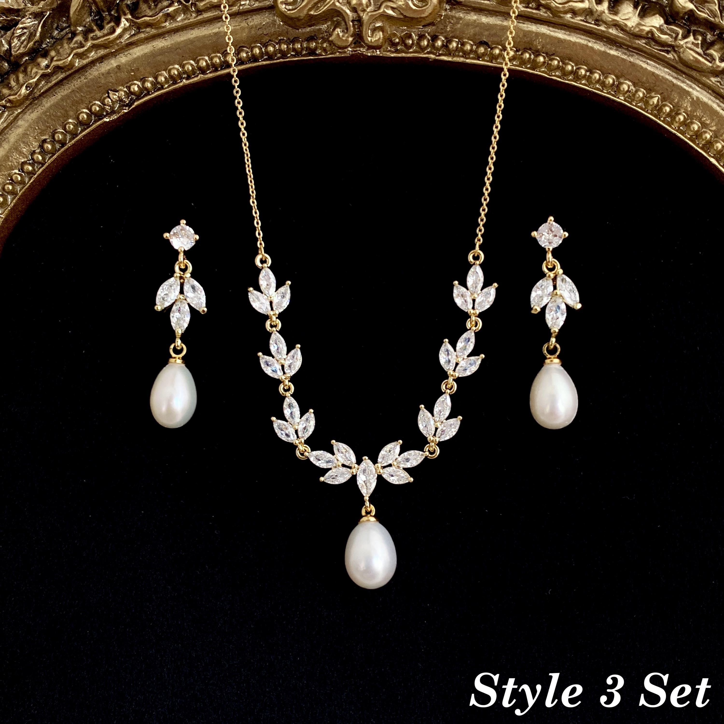 Gold Leaf and Freshwater Pearl Necklace with CZ Crystal Accent