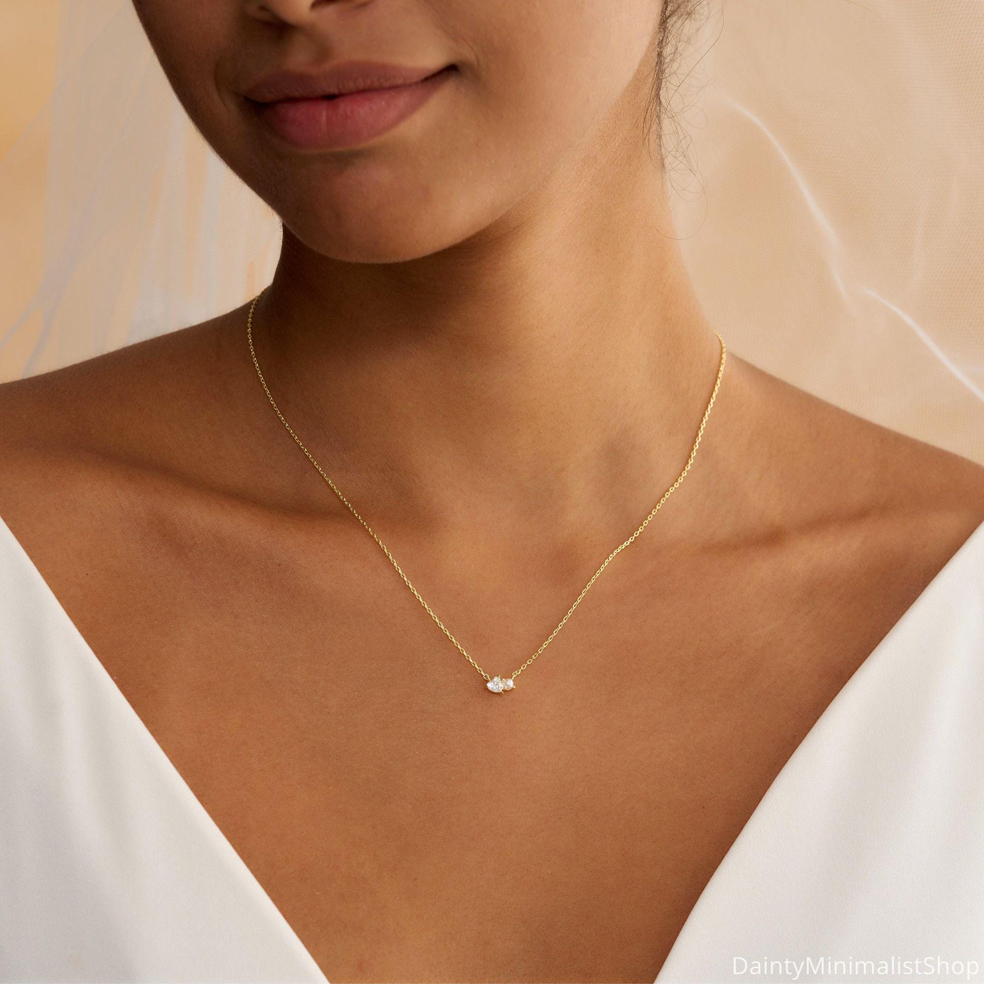 Dainty Pearl Necklace with Heart CZ Diamond in 14K Gold Plated Copper