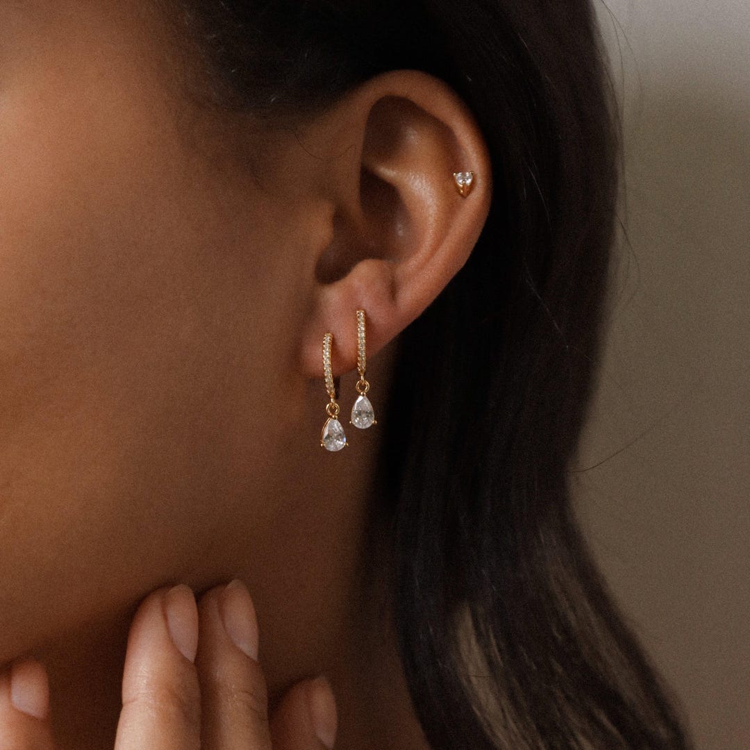Pave Diamond Huggie Hoop Drop Earrings with Birthstone Charm