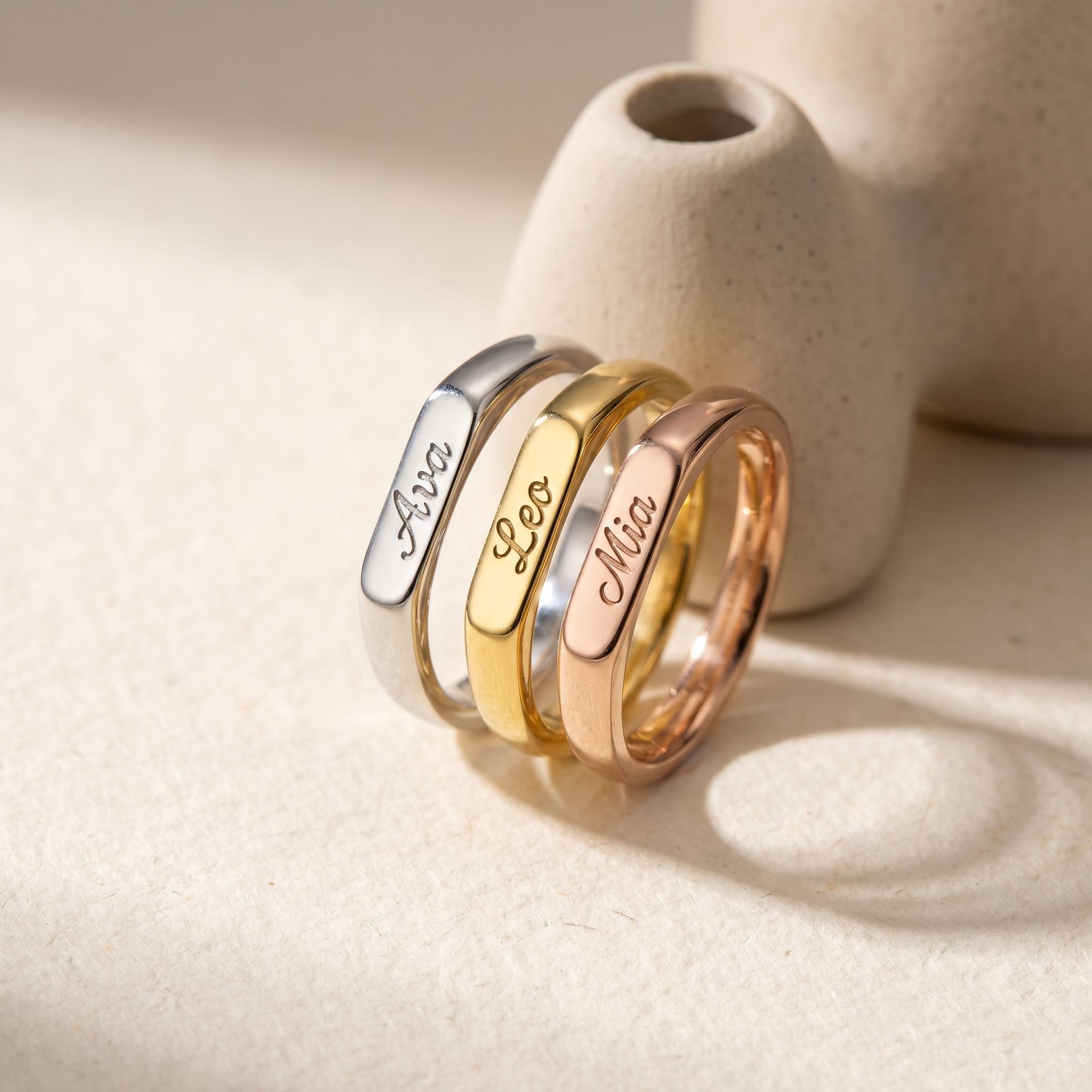 14K Solid Gold Engraved Bar Name Ring, Custom Signet Band