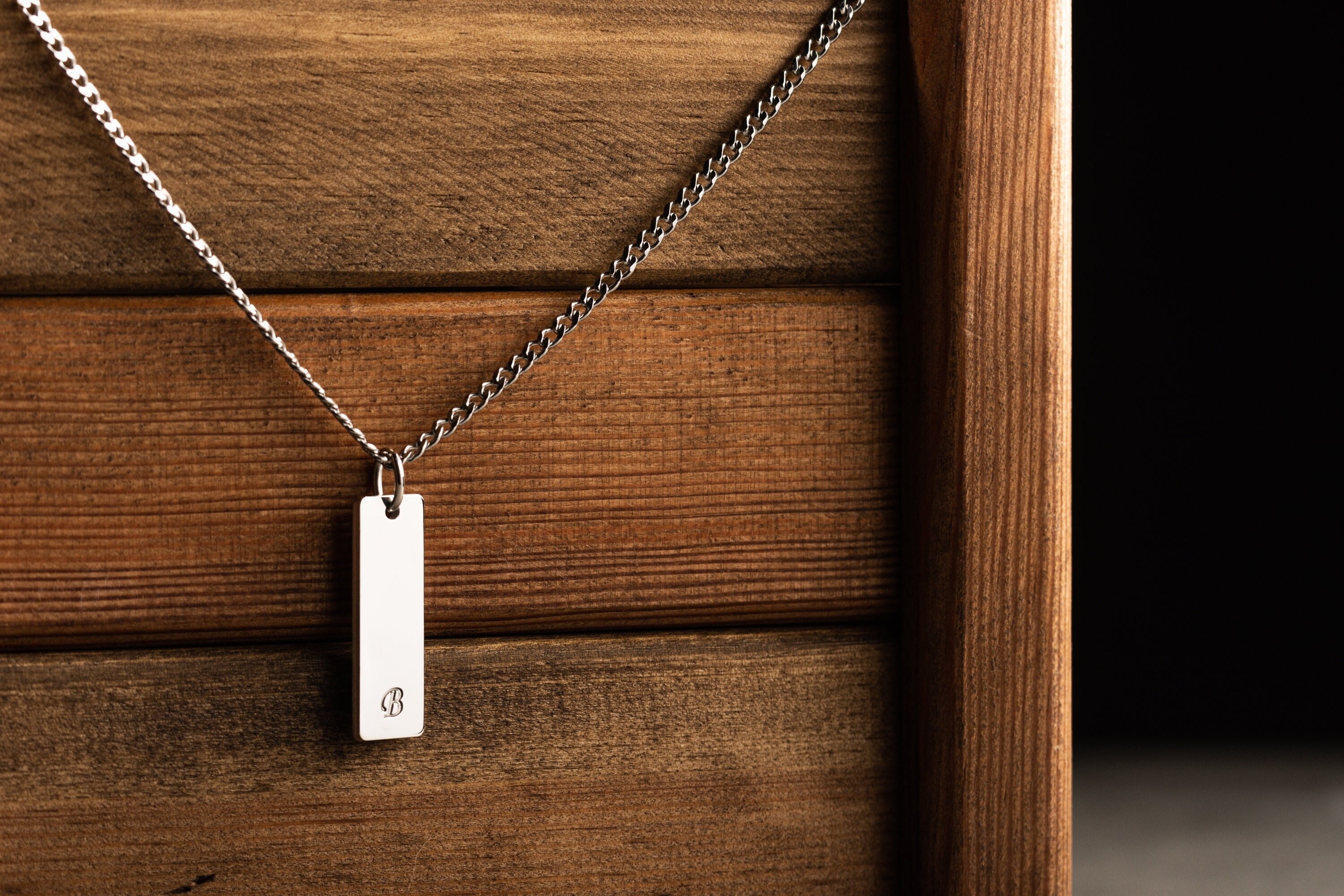 Engraved Sterling Silver Bar Necklace for Men with Curb Chain