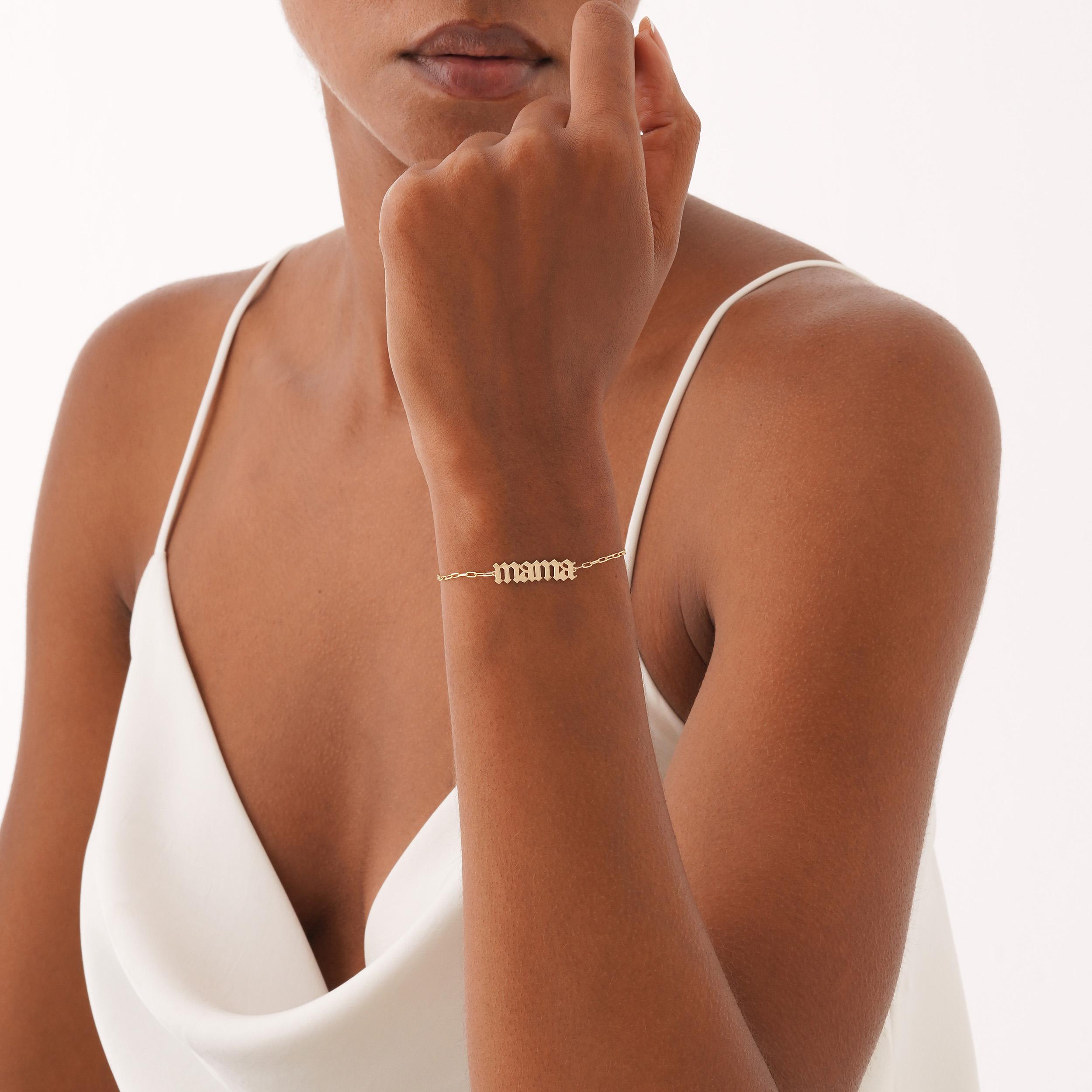 14K Gold Mama Bracelet with an Old English Charm on a Paperclip Chain