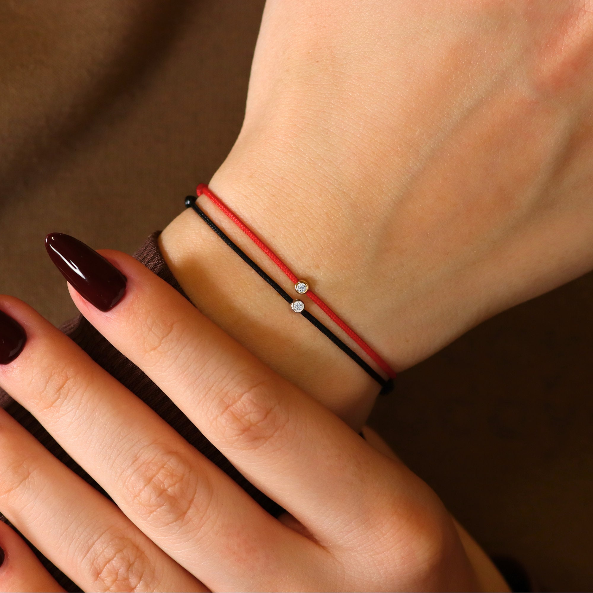 14K Solid Gold Diamond String Bracelet on Silk Thread