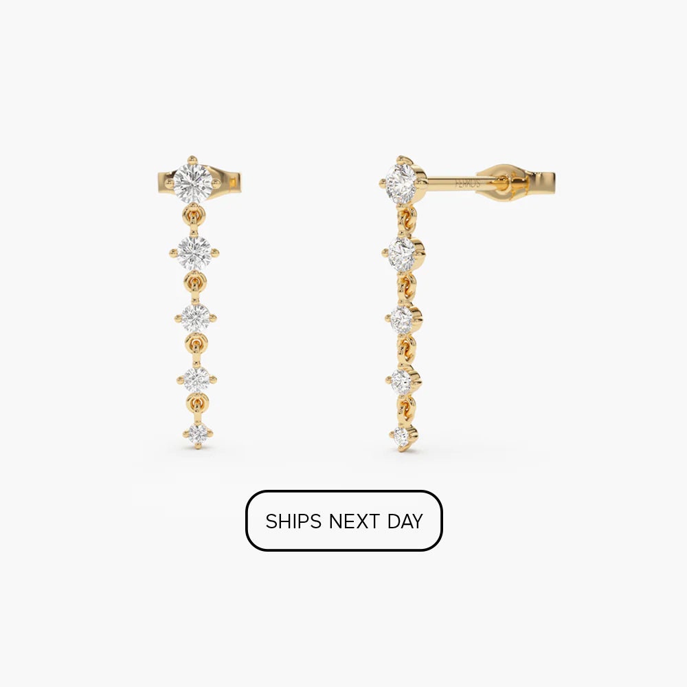 14K Gold Dangling Four Prong Natural Diamond Drop Earrings