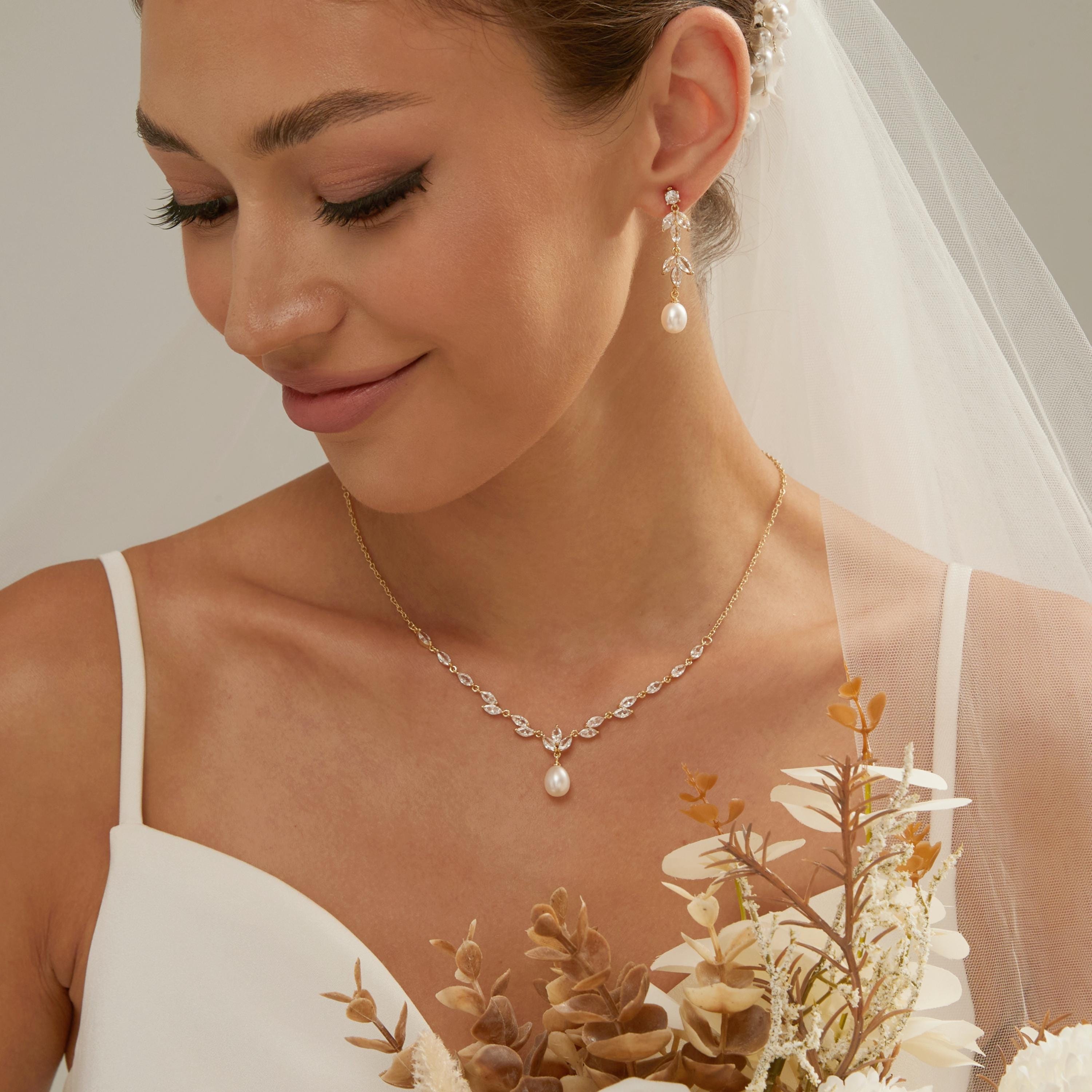 Gold Leaf and Freshwater Pearl Necklace with CZ Crystal Accent