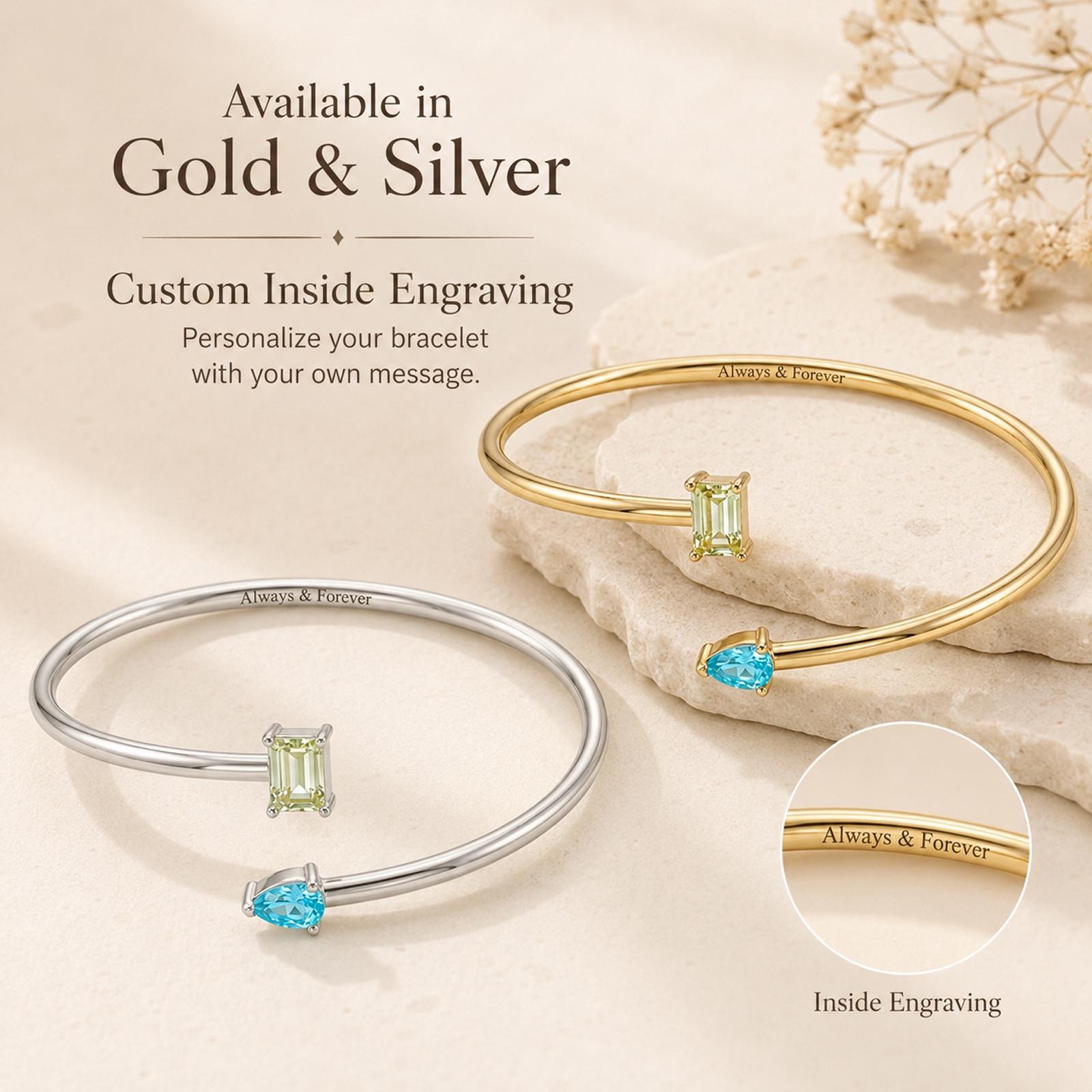 Personalized Double Birthstone Cuff Bangle with Inside Engraving