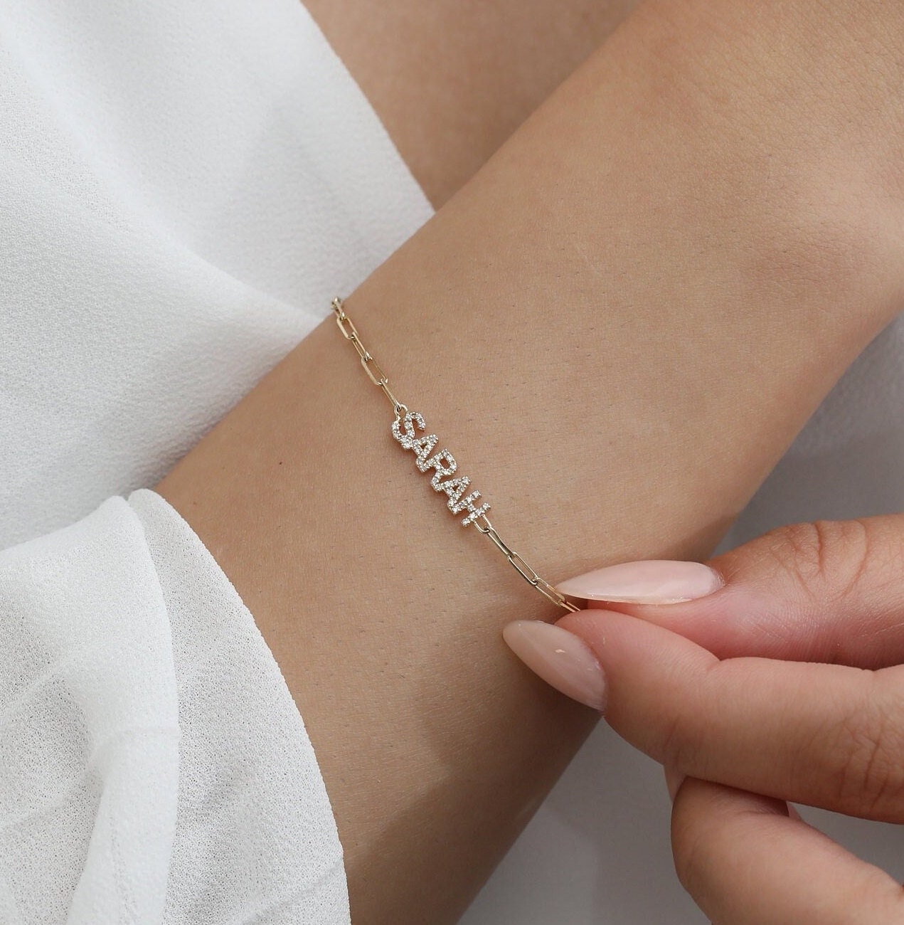 14K Gold Diamond Name Bracelet on a Paperclip Chain