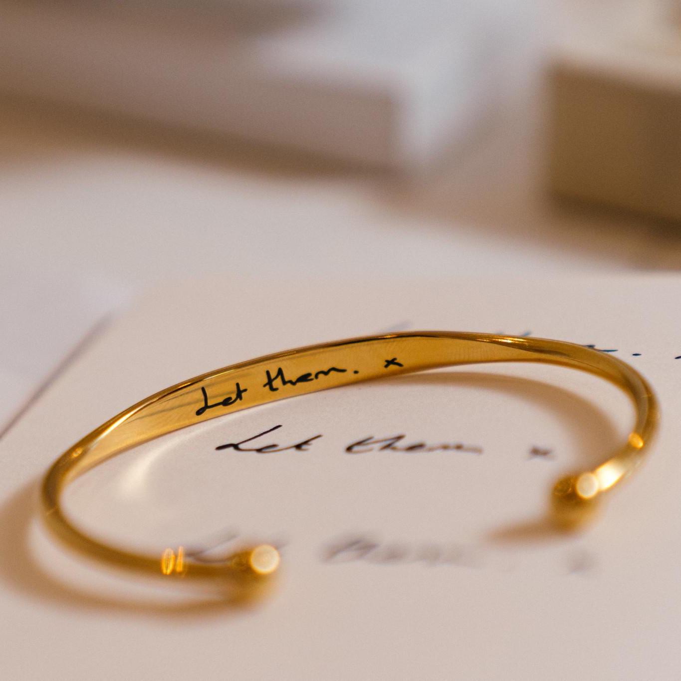 Women's Real Handwriting Torque Bangle in 18K Gold, Silver or Stainless Steel