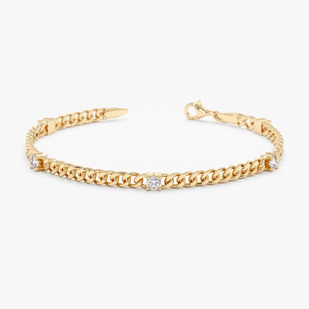 14K Gold Cuban Link Bracelet with Five Sectioned Natural Diamonds