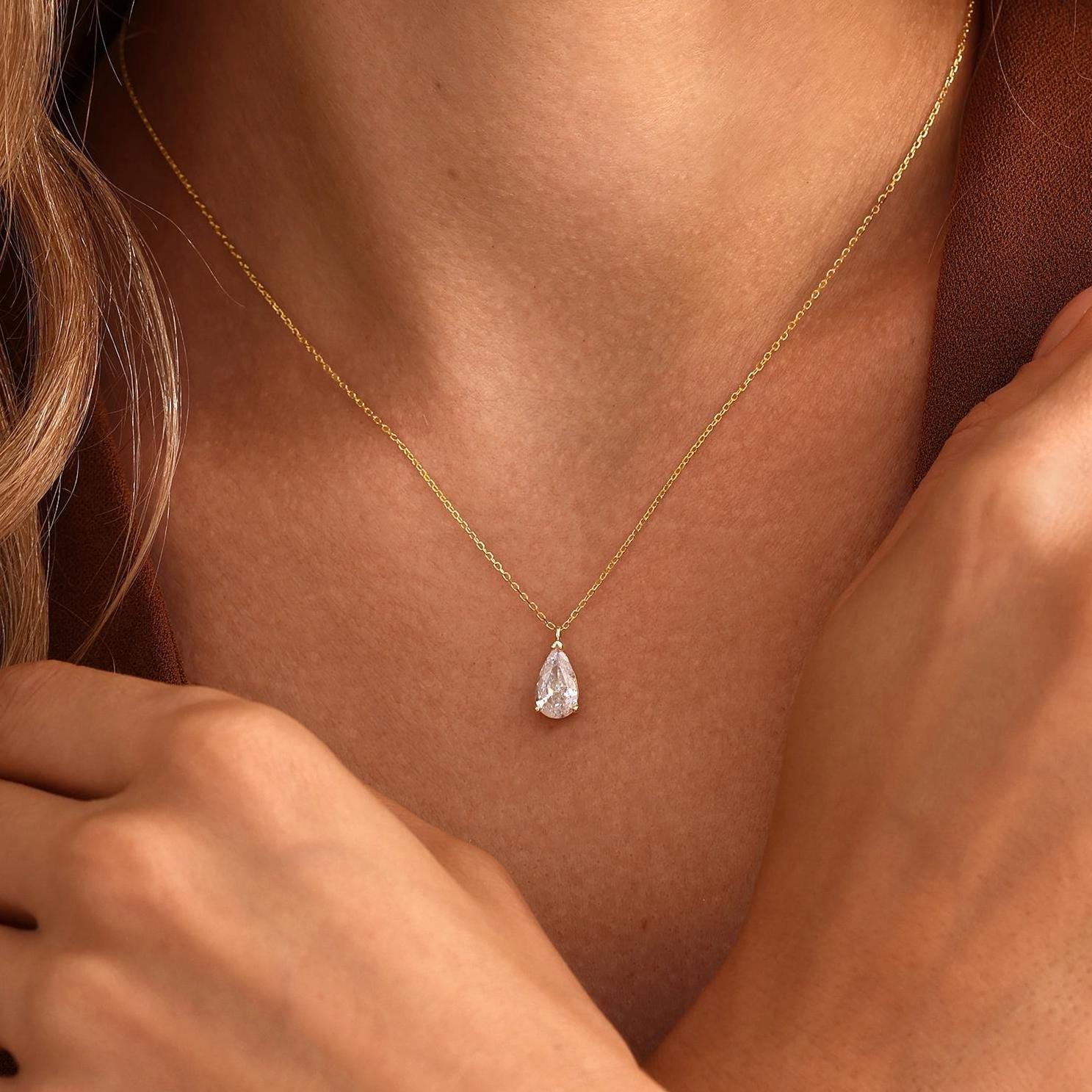 Minimalist Teardrop Necklace in Sterling Silver with Pear Cut Zirconia