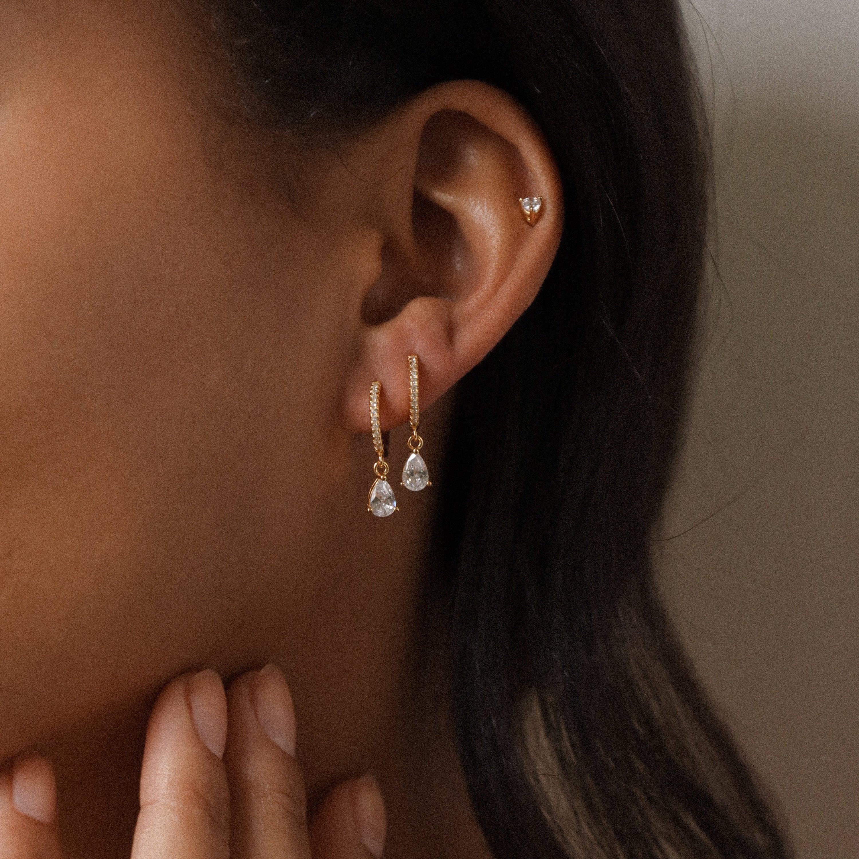 Pave Diamond Huggie Hoop Drop Earrings with Birthstone Charm