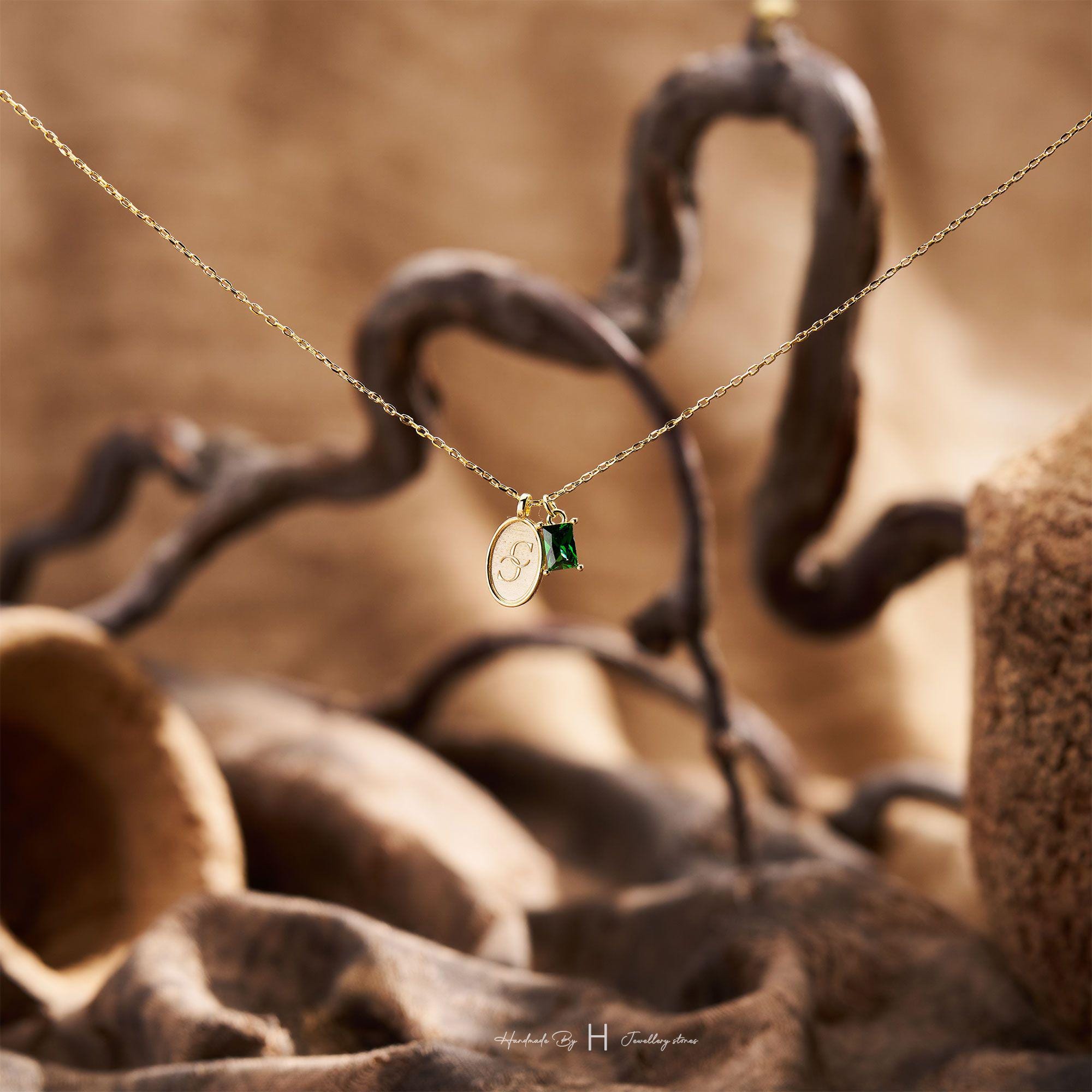 Engraved Birth Flower and Birthstone Necklace