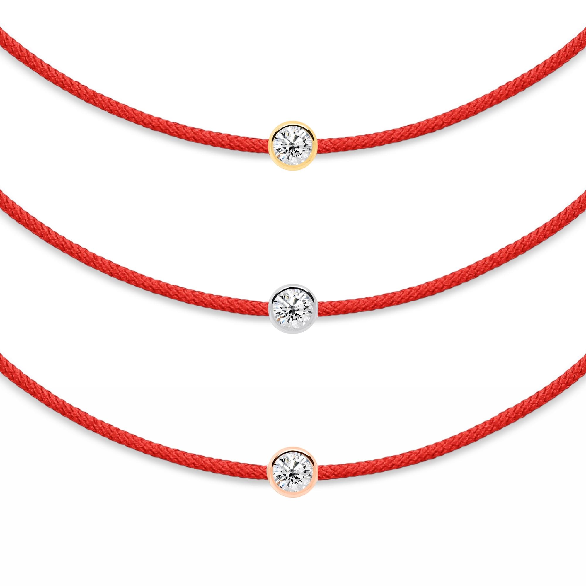 14K Solid Gold Friendship Bracelet with Natural White Diamond on Silk Cord