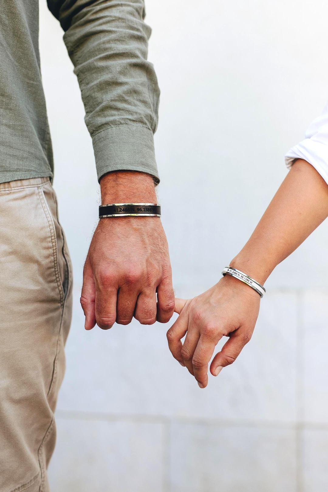 Custom Engraved Leather and Stainless Steel Couple Bracelet Set of 2