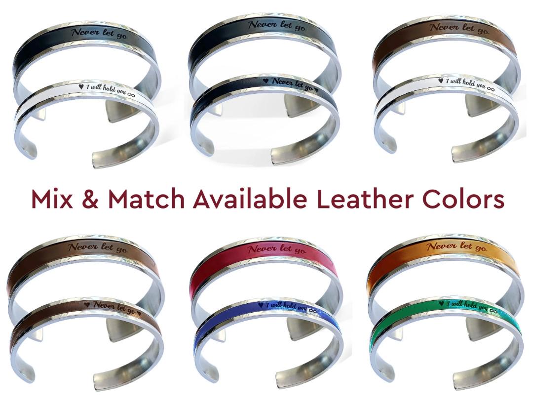 Custom Engraved Leather and Stainless Steel Couple Bracelet Set of 2
