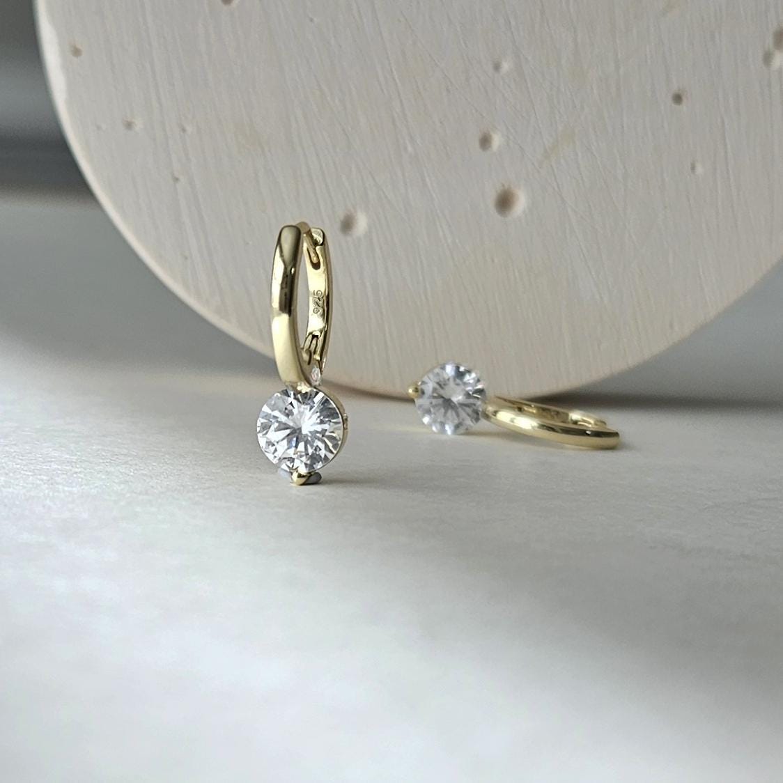 Round Cut Solitaire Drop Huggie Earrings in Gold or Silver