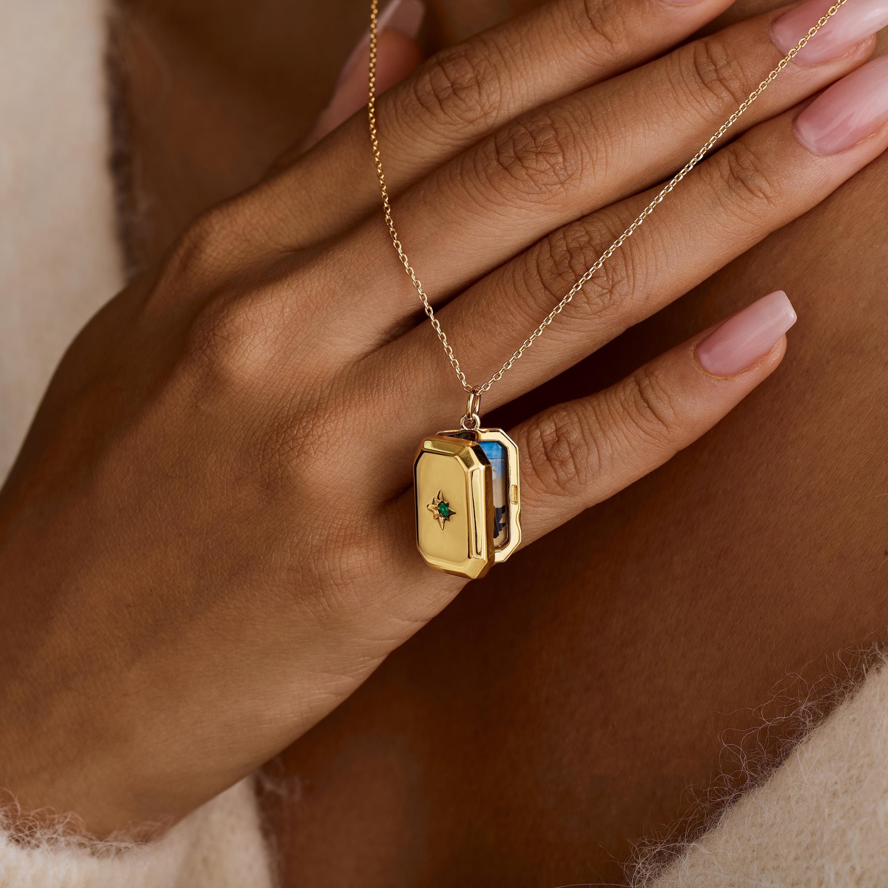 Custom Rectangular Locket Necklace with Birthstone and Photo