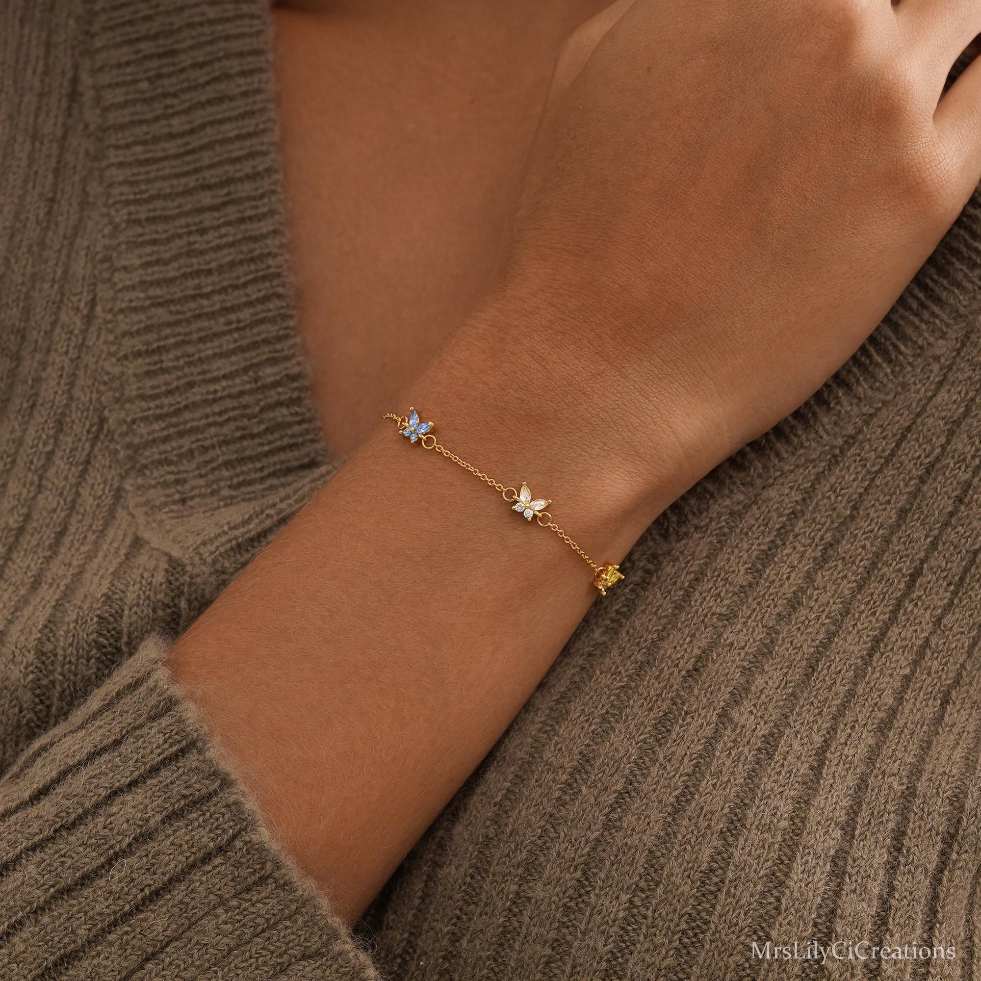 Custom Butterfly Birthstone Bracelet in Silver or 18K Gold Plate