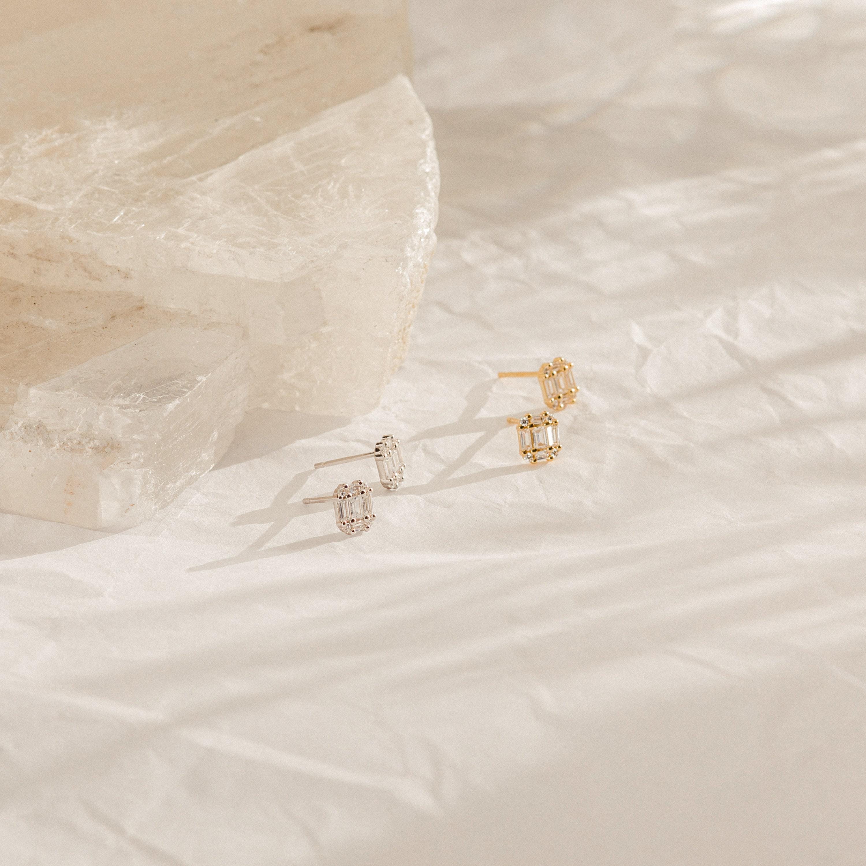 Art Deco CZ Stud Earrings in 925 Sterling Silver with 18K Gold Finish