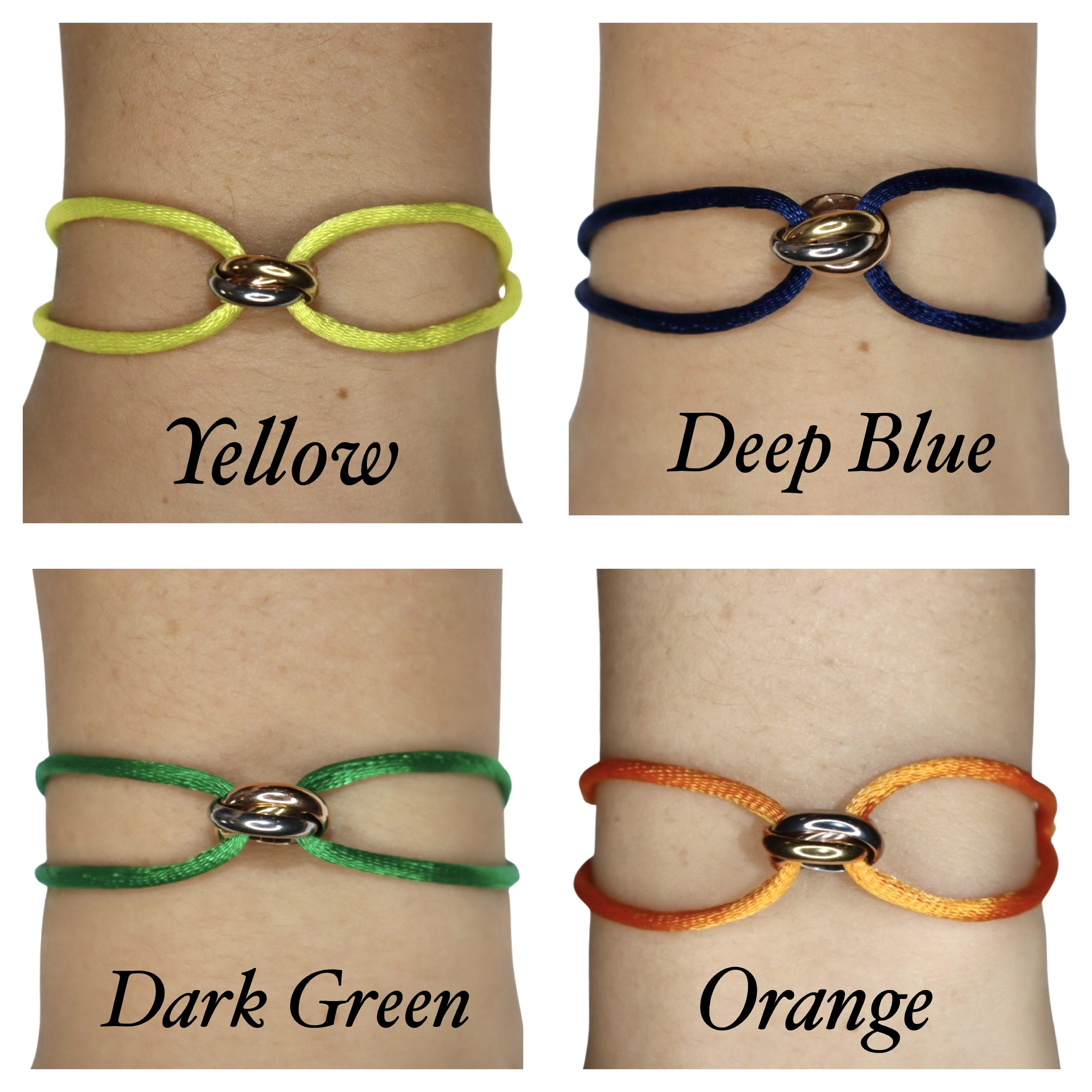 Adjustable Trinity Bracelet with Three Stainless Steel Rings on Silk Cord