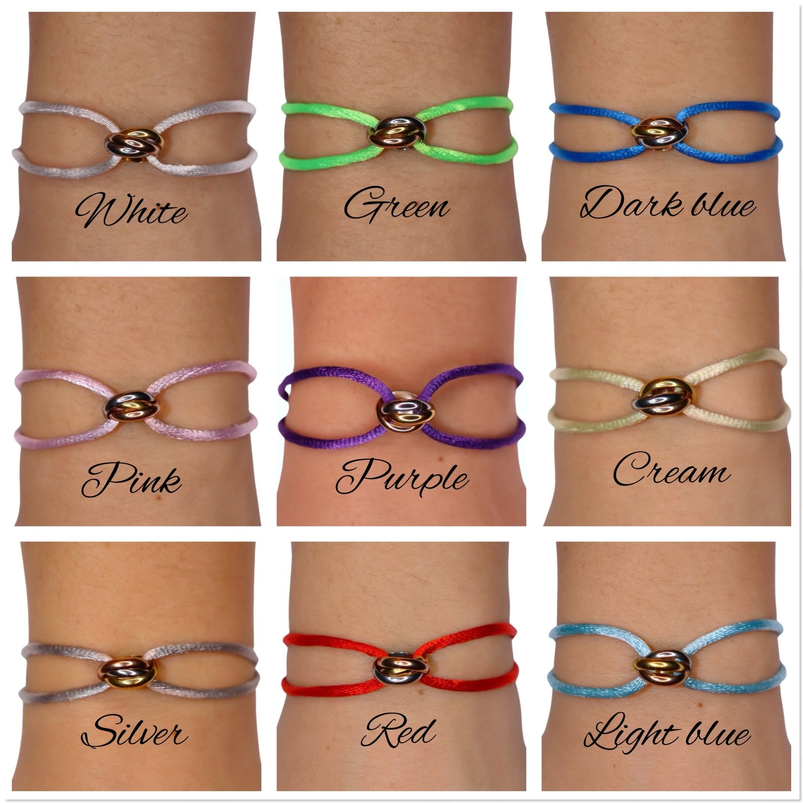 Adjustable Trinity Bracelet with Three Stainless Steel Rings on Silk Cord