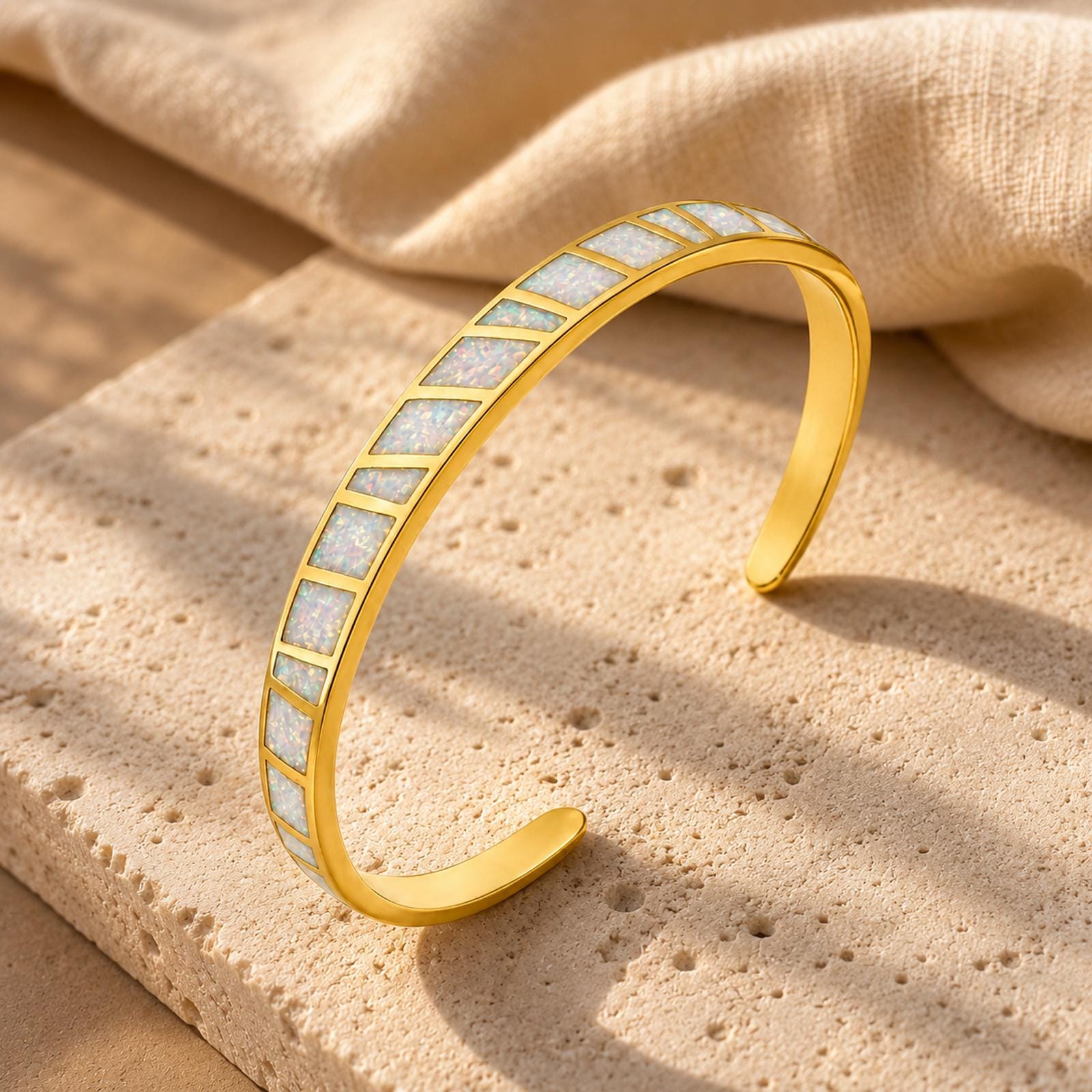 Opal Cuff Bracelet with Custom Engraving in Gold Plated Finish