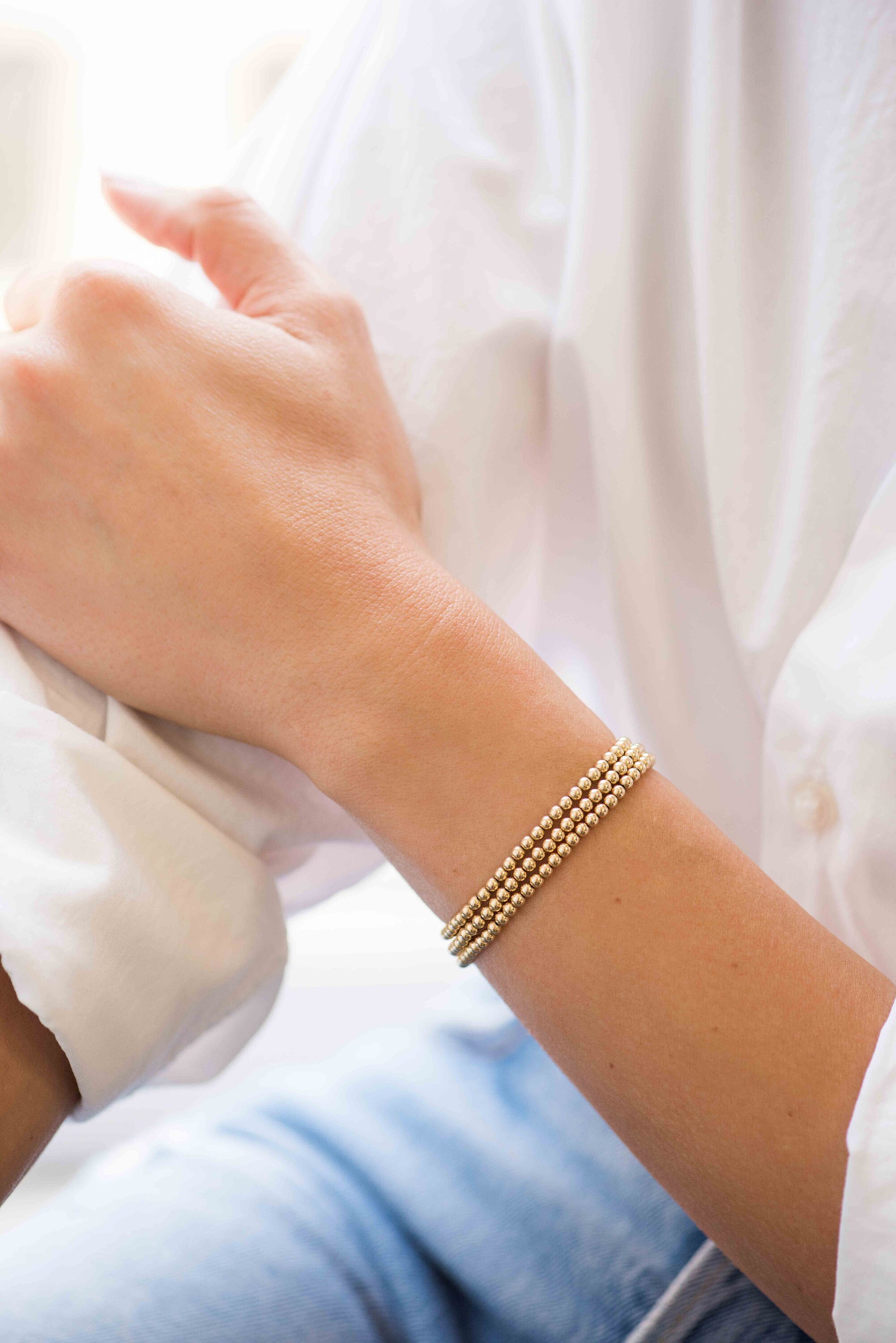 14K Gold 3 mm Bead Stretch Bracelet