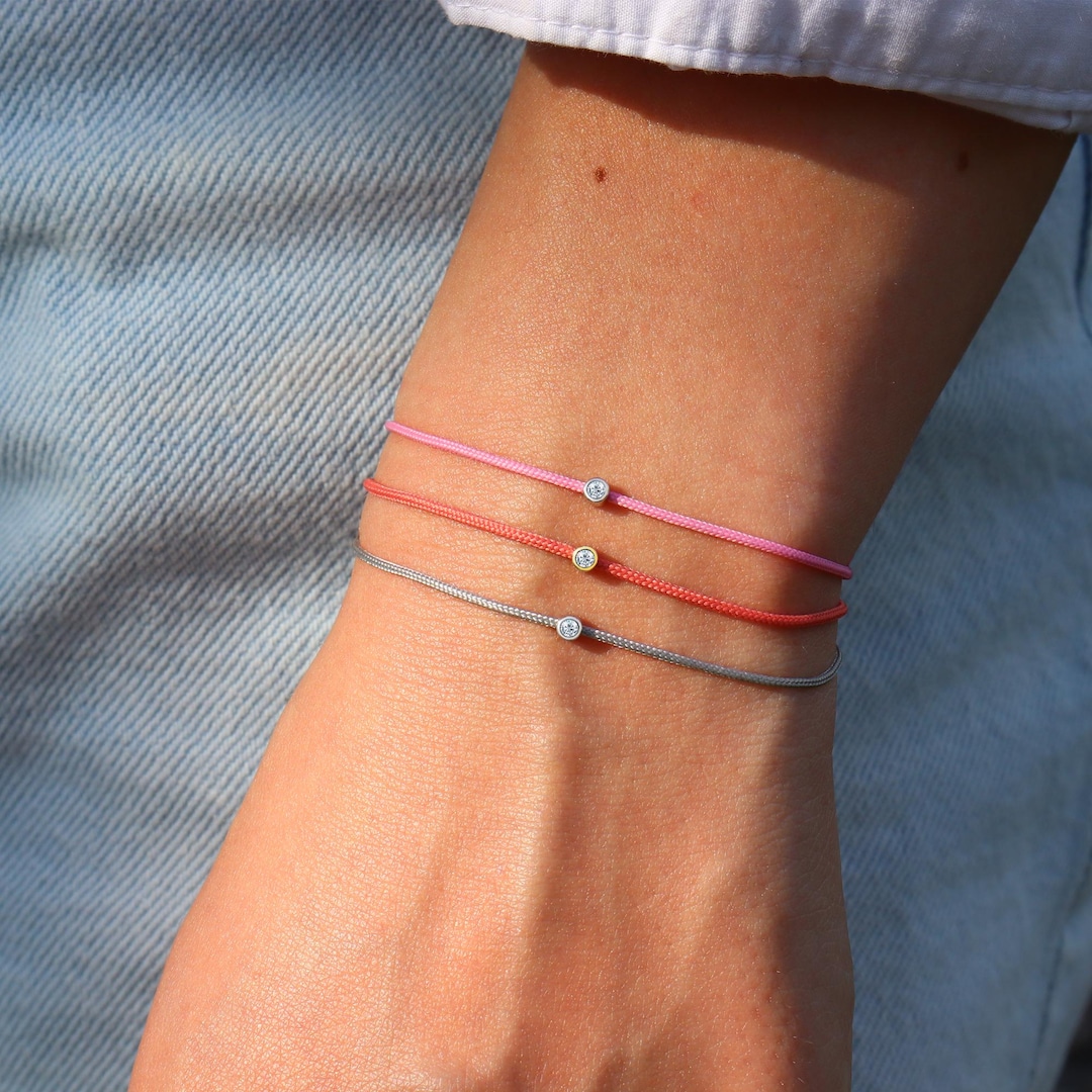 14K Solid Gold Friendship Bracelet with Natural White Diamond on Silk Cord