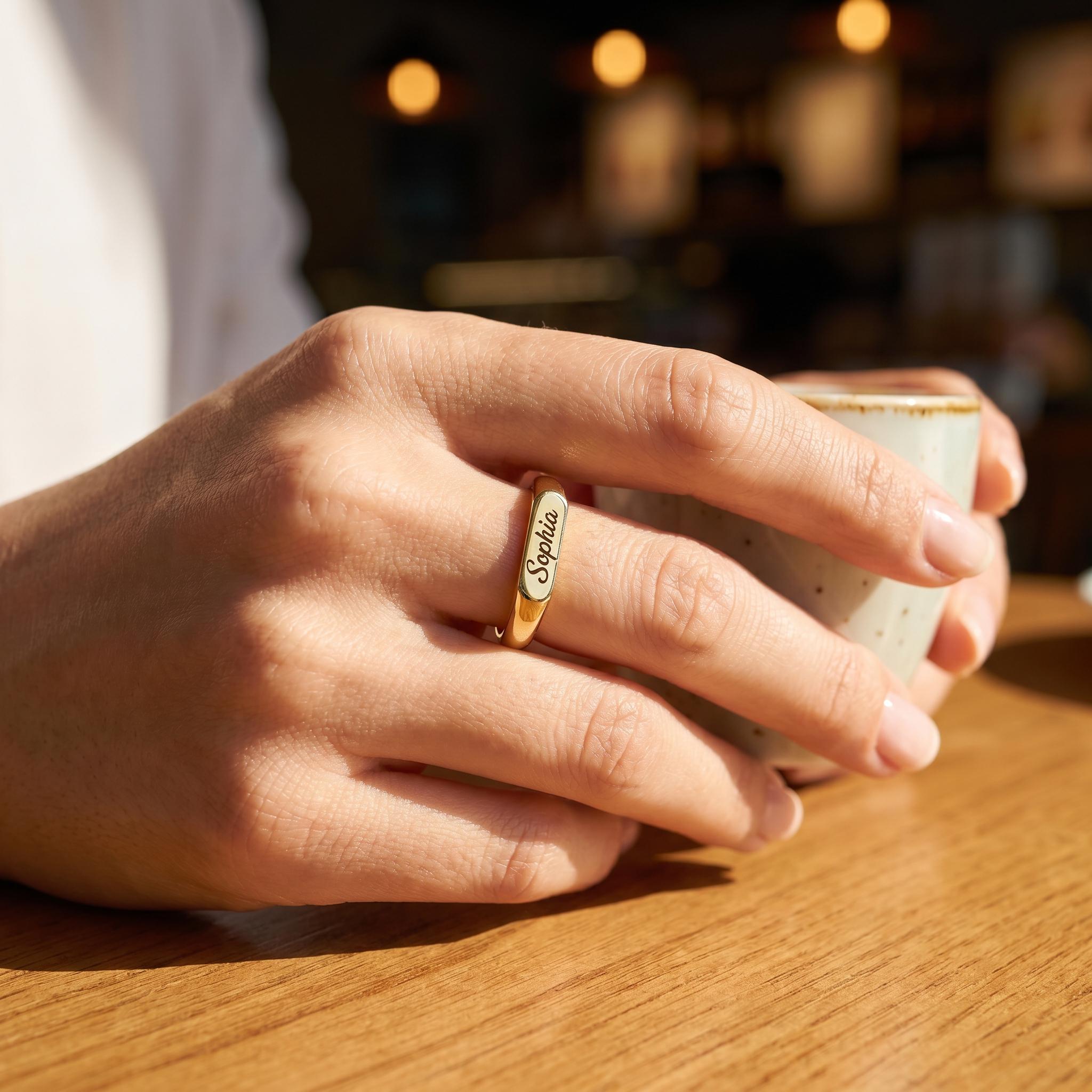 14K Solid Gold Engraved Bar Name Ring, Custom Signet Band