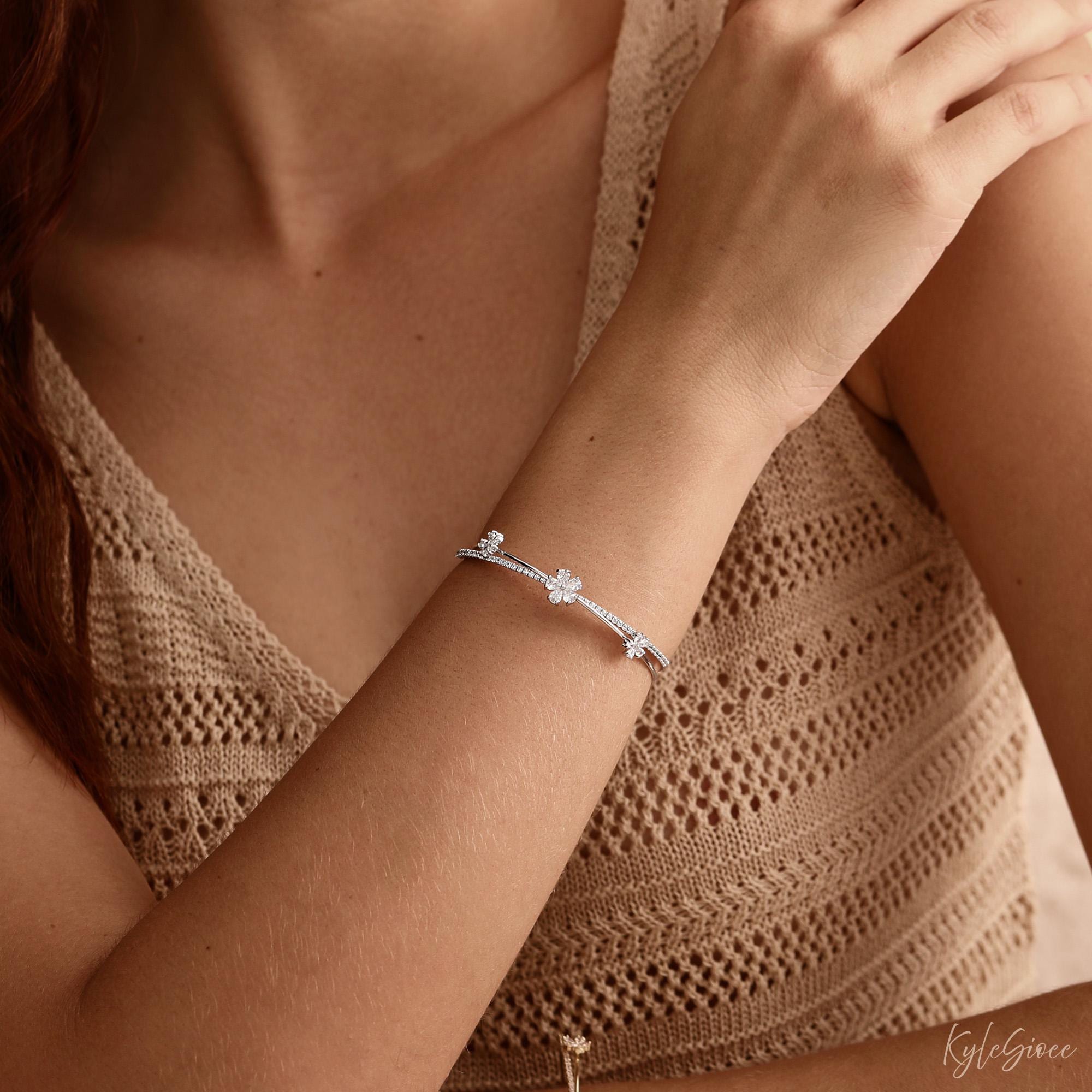 Minimalist Cubic Zirconia Flower Open Cuff Bangle