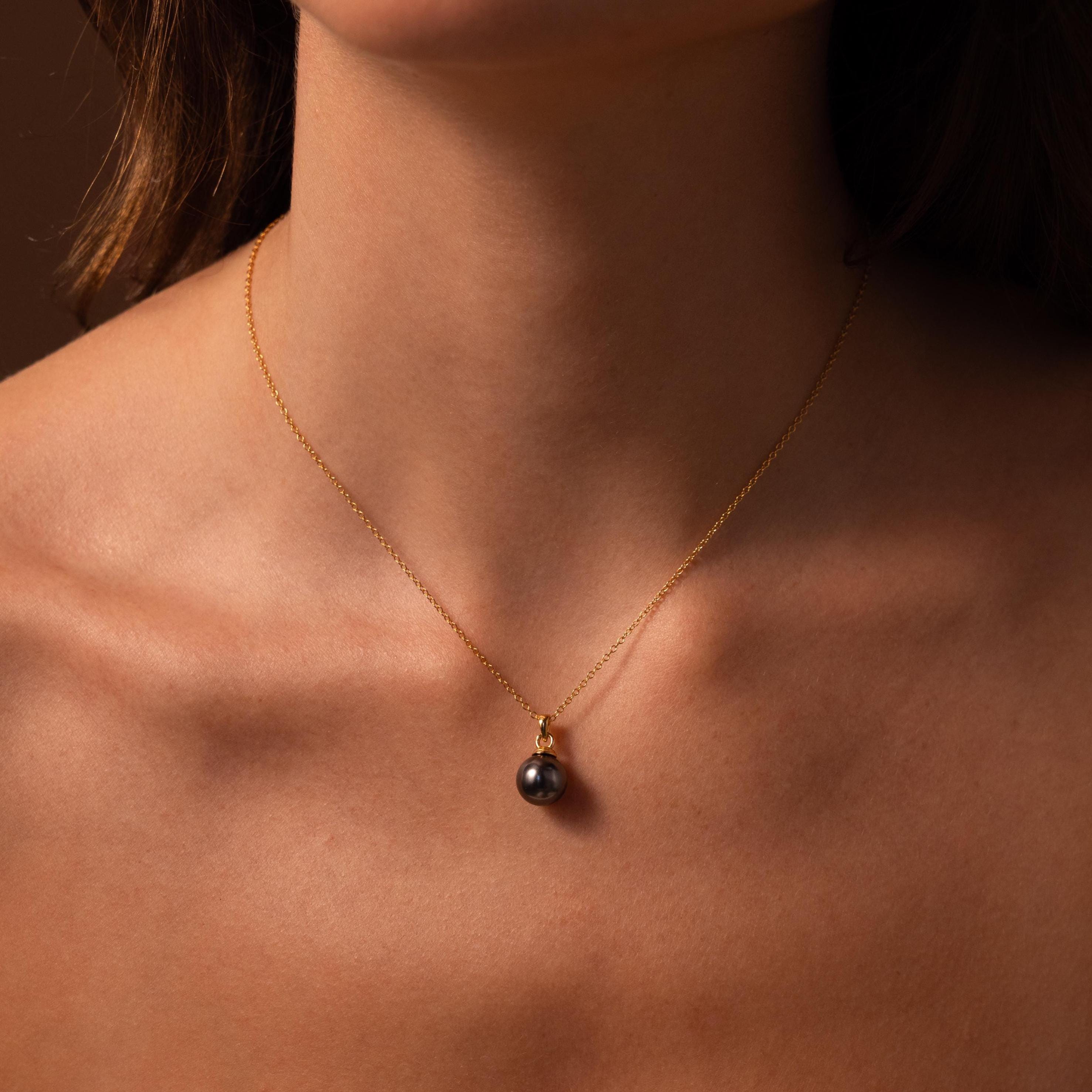 Black Pearl Drop Necklace in Sterling Silver, Adjustable Chain