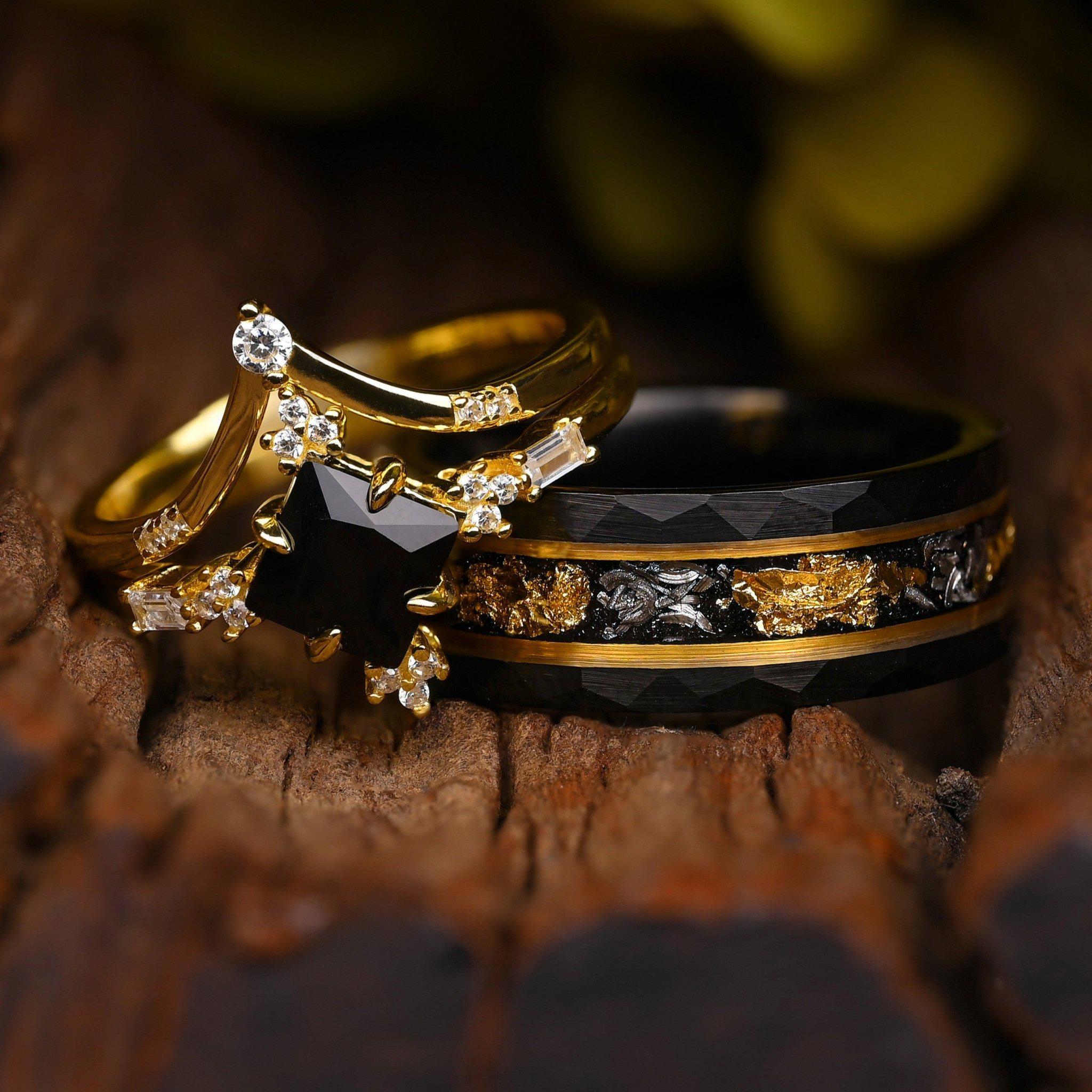 Black Tungsten Meteorite Band and Sterling Silver Salt and Pepper Ring Set