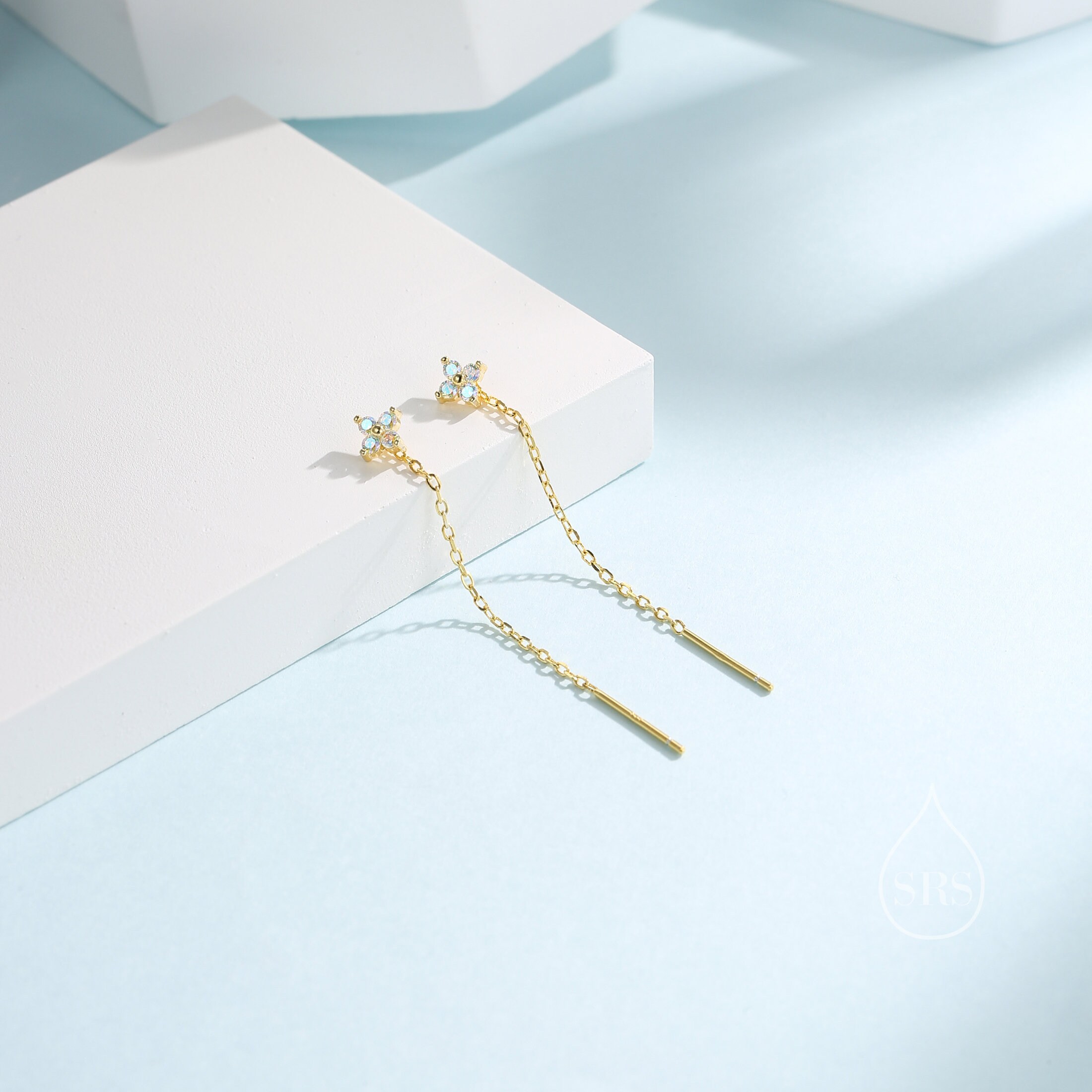 Aurora Borealis Four CZ Flower Threader Earrings in Sterling Silver