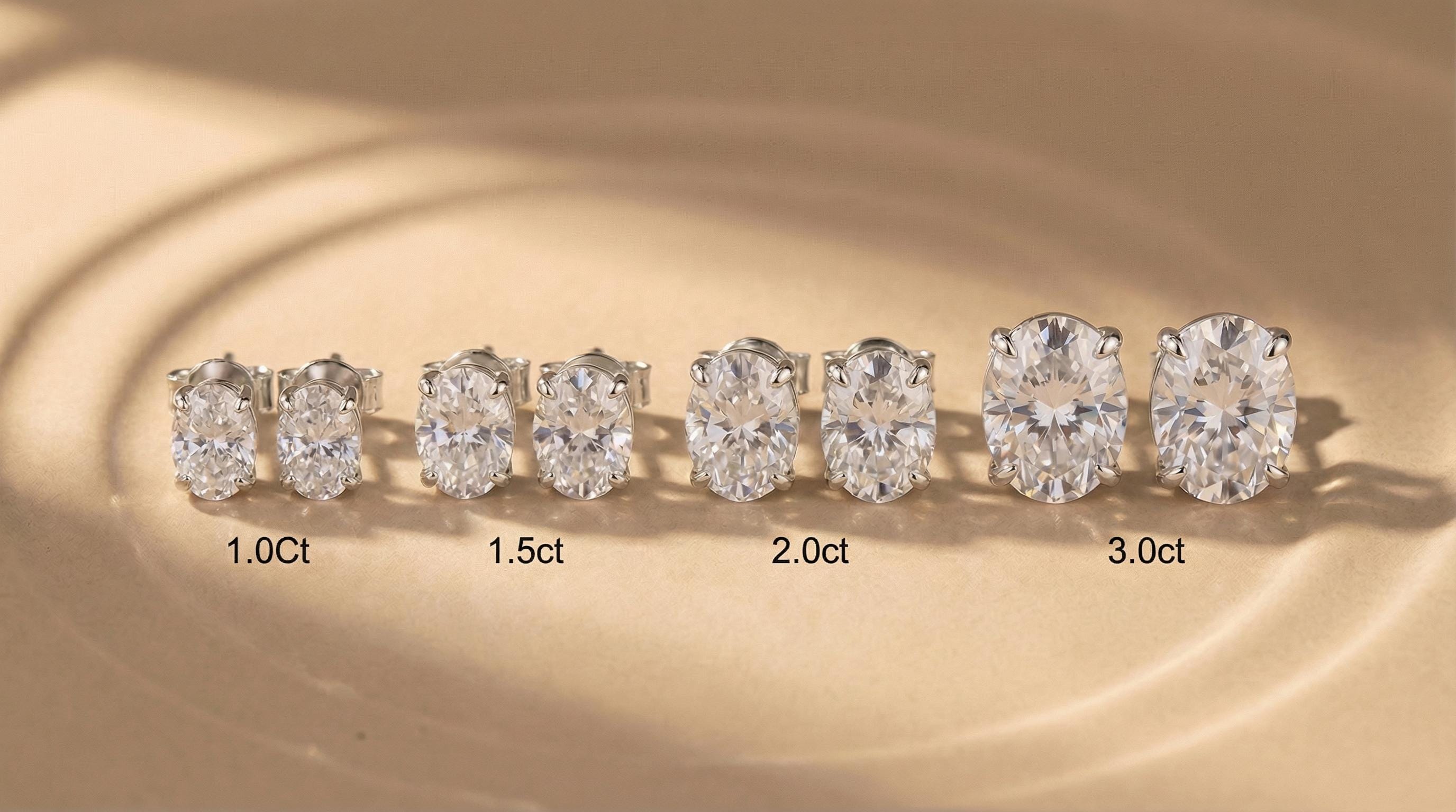 Oval Moissanite Stud Earrings in Sterling Silver or Solid Gold