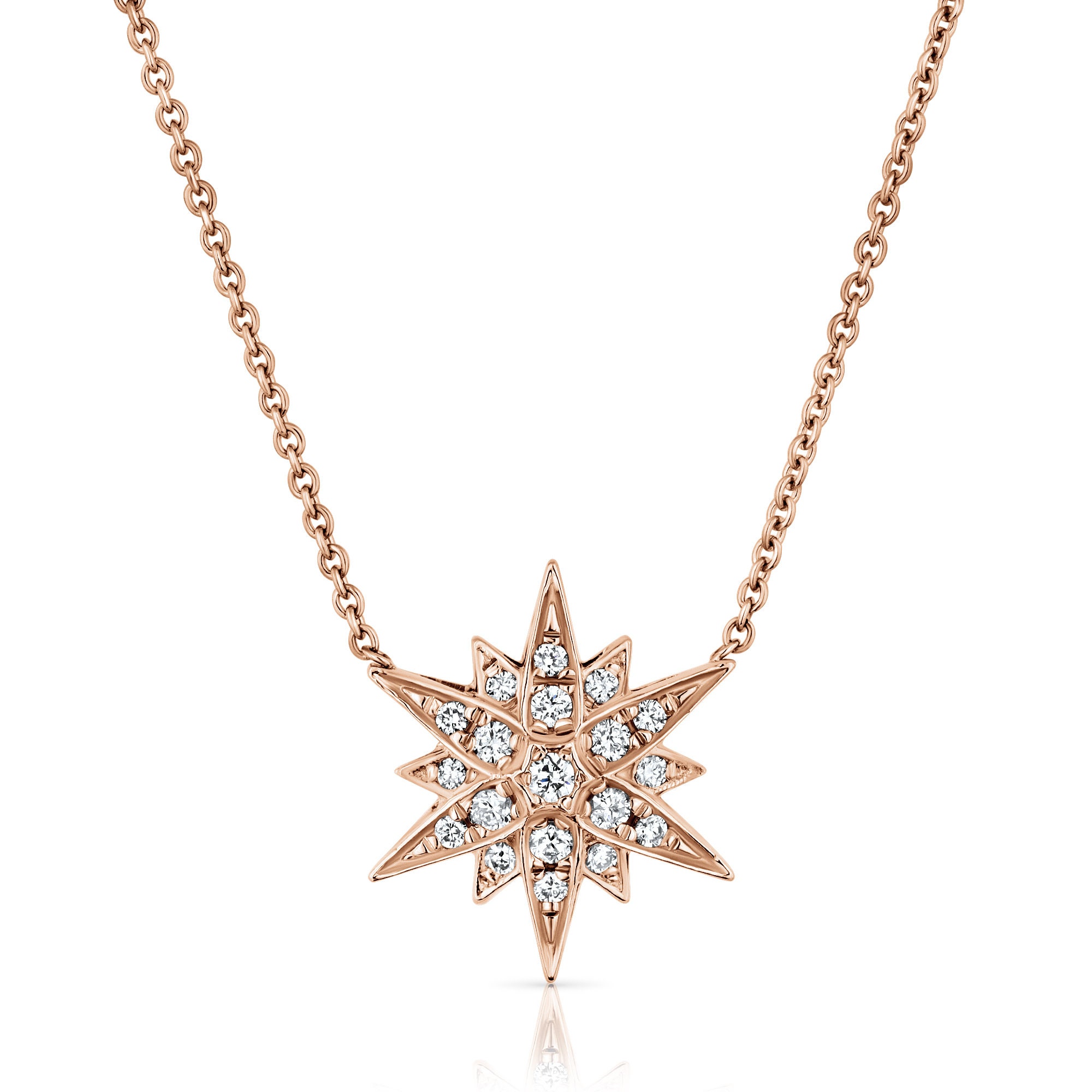14K Solid Gold Starburst Diamond Pendant Necklace