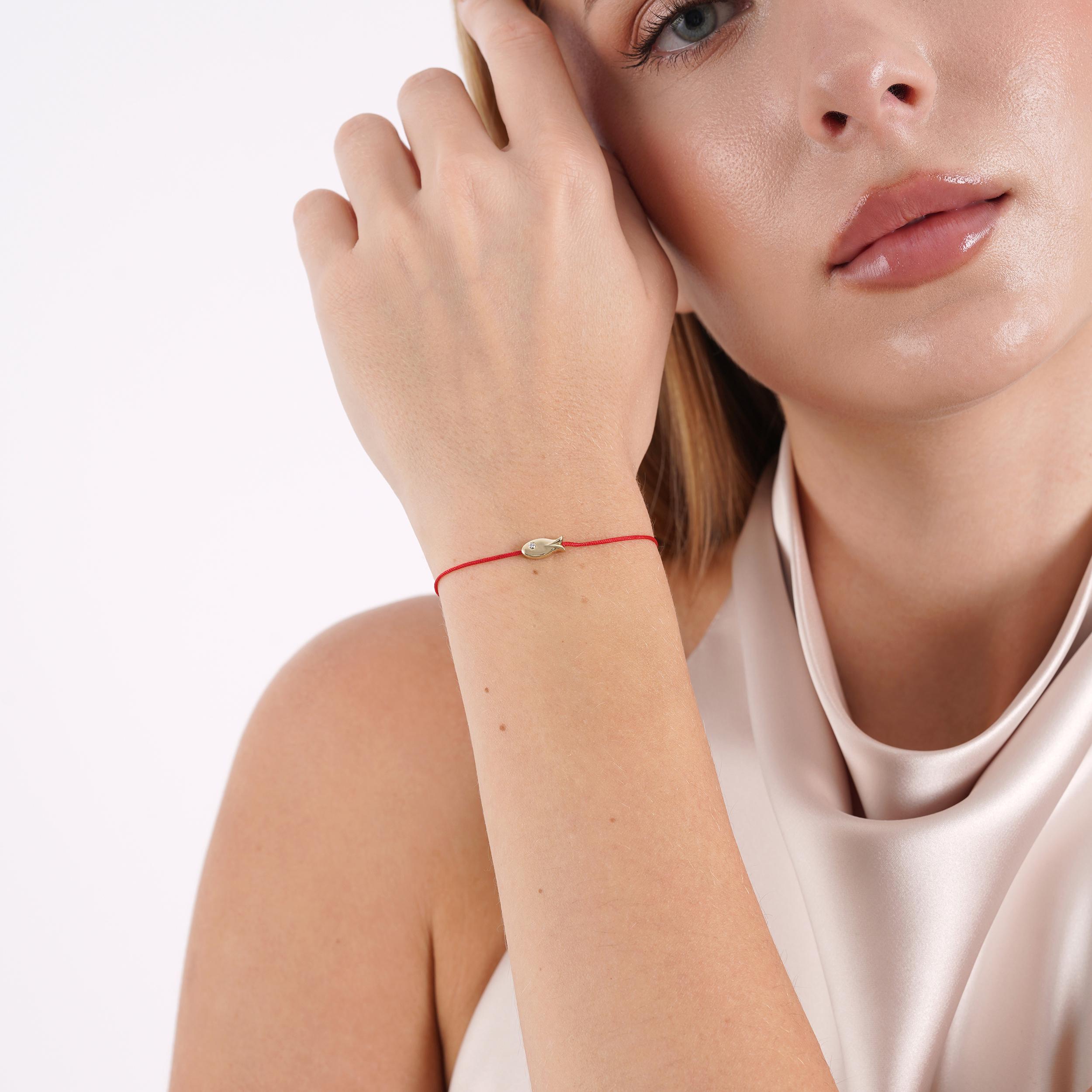 14K Solid Gold Fish Bracelet with Diamond Eye on Red Cord