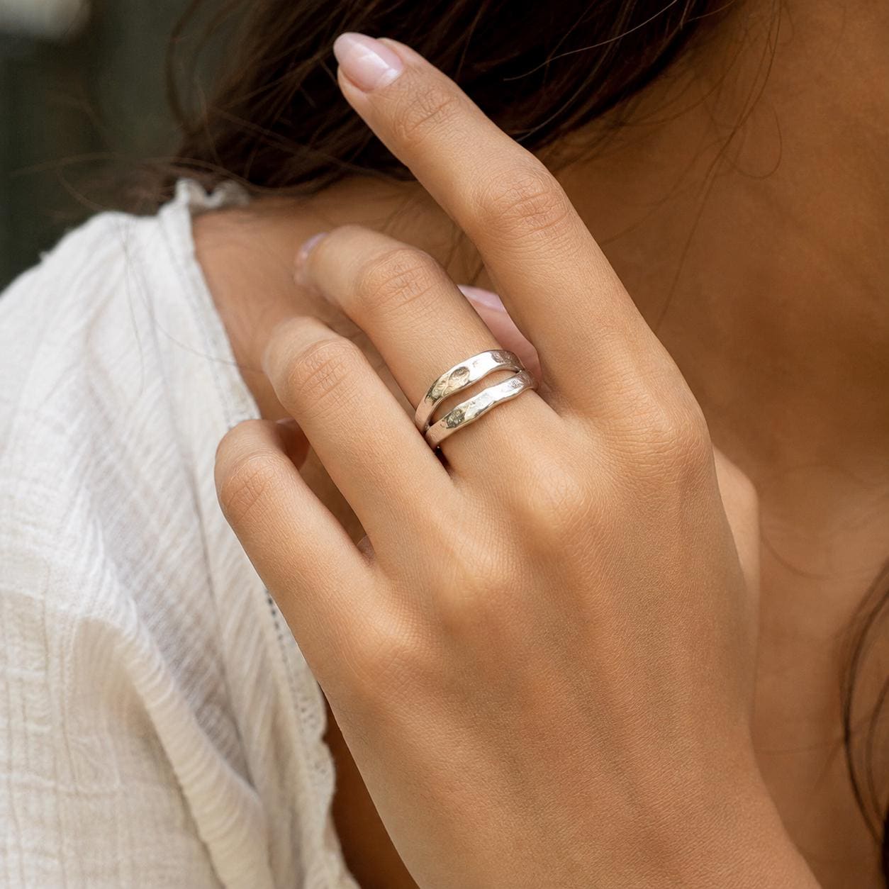 925 Sterling Silver Double Layer Wave Ring, Adjustable Open Band