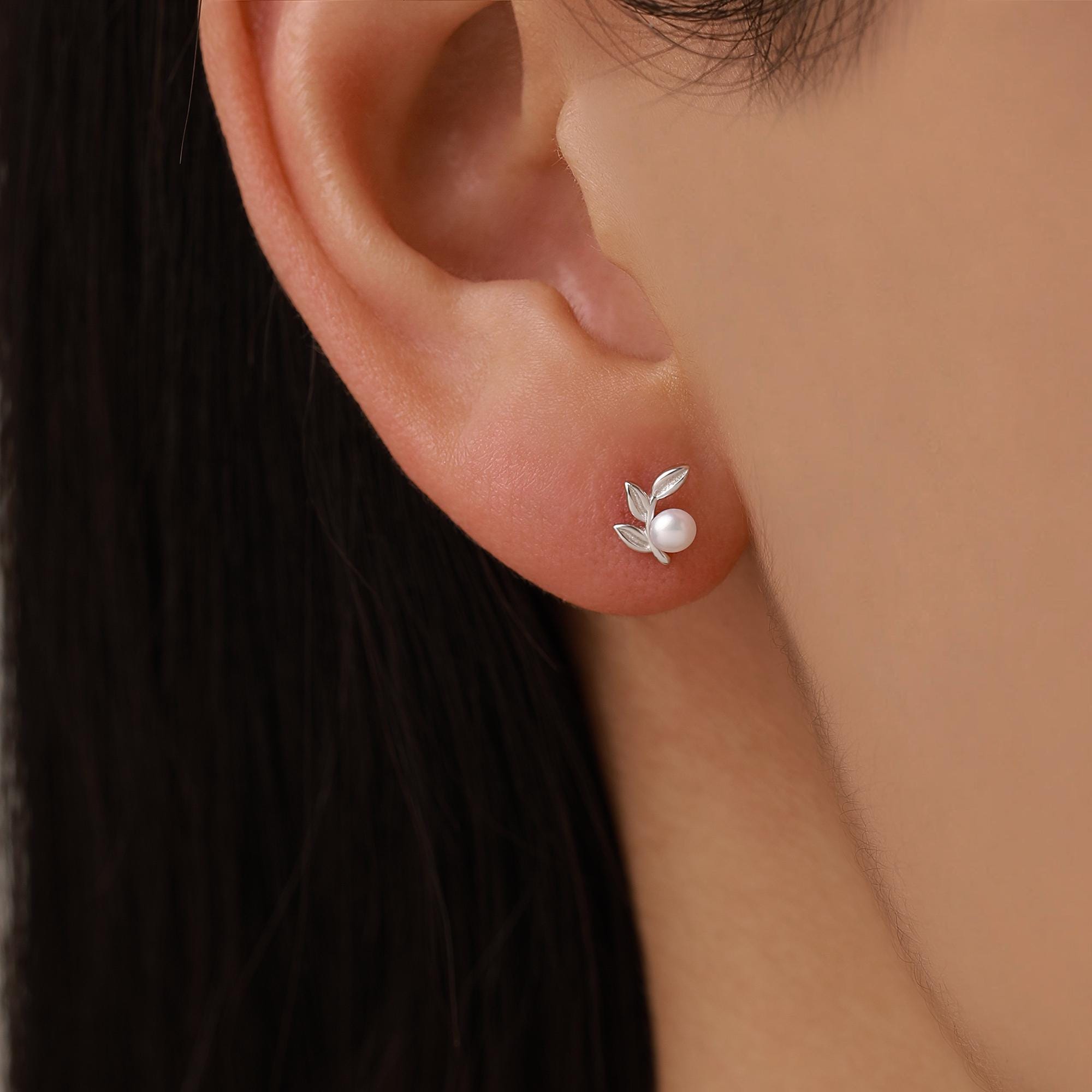 Tiny Leaf and Natural Freshwater Pearl Stud Earrings in Sterling Silver, Gold or Rose Gold