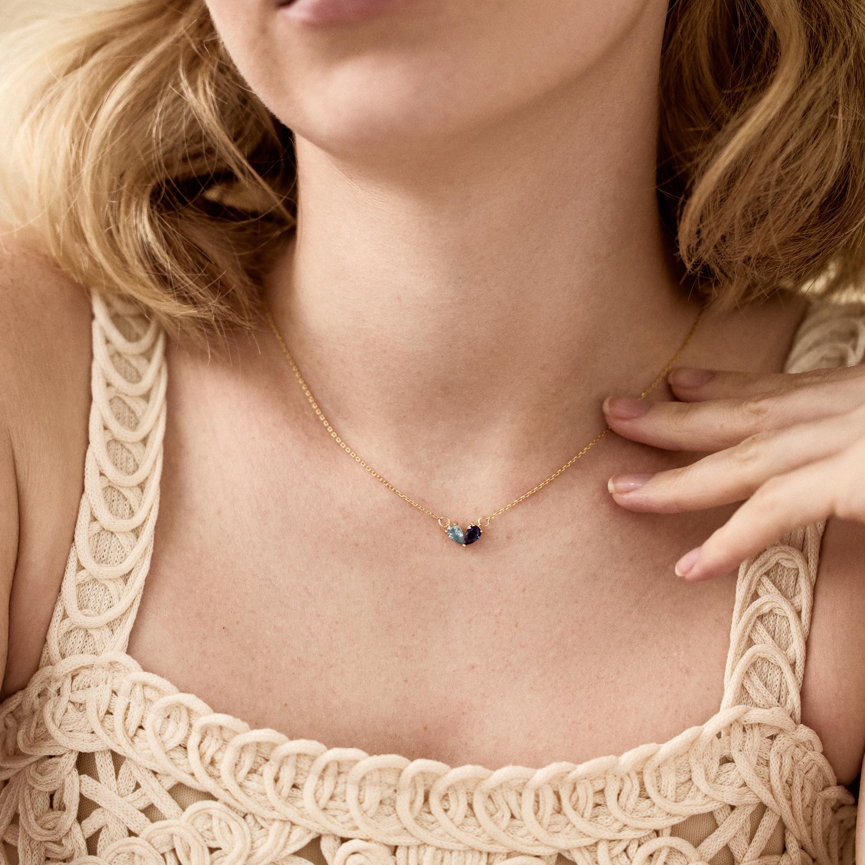14K Gold Plated Couple Heart Birthstone Necklace with Two Teardrop Stones