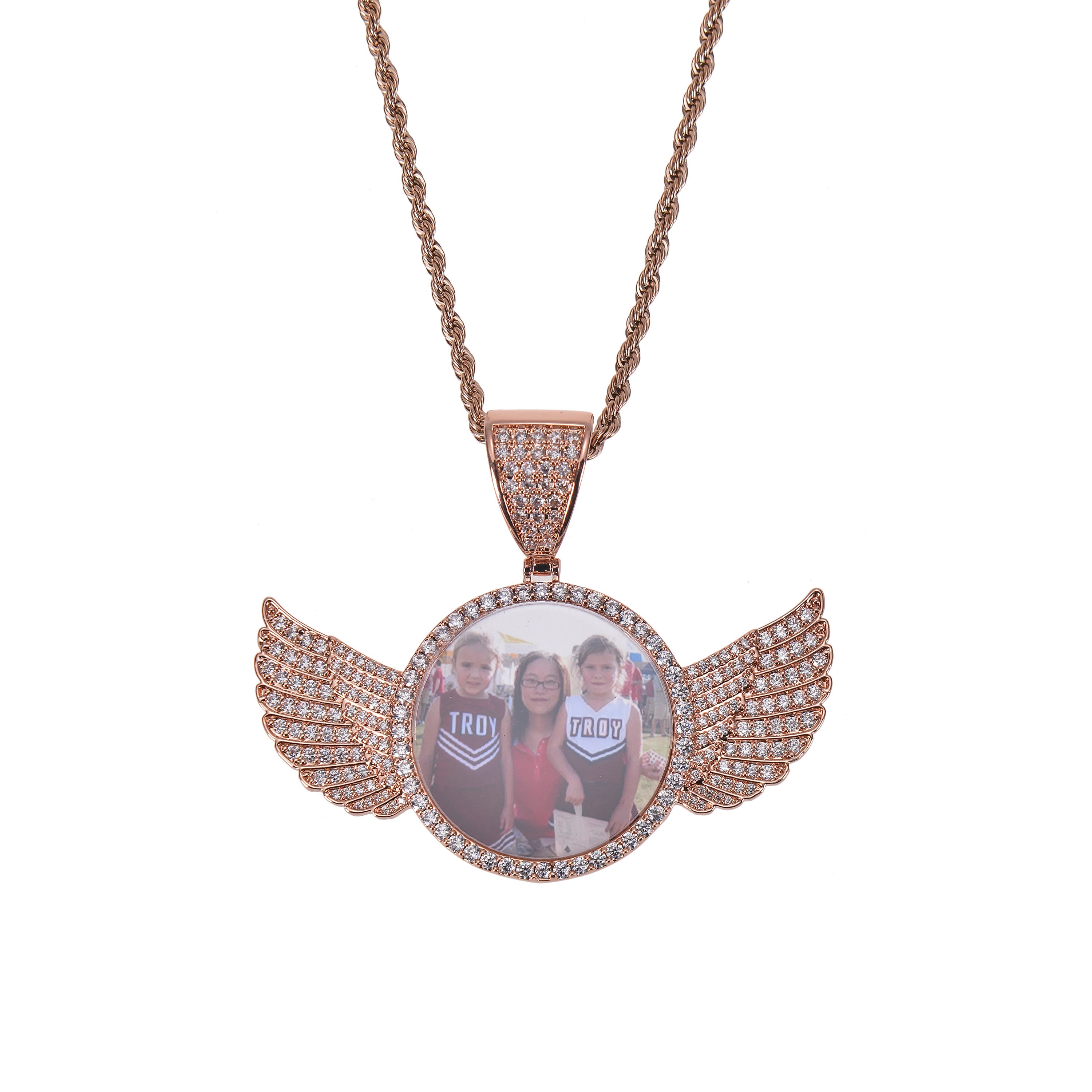 Personalized Angel Wings Photo Pendant Necklace with Diamond Detailing