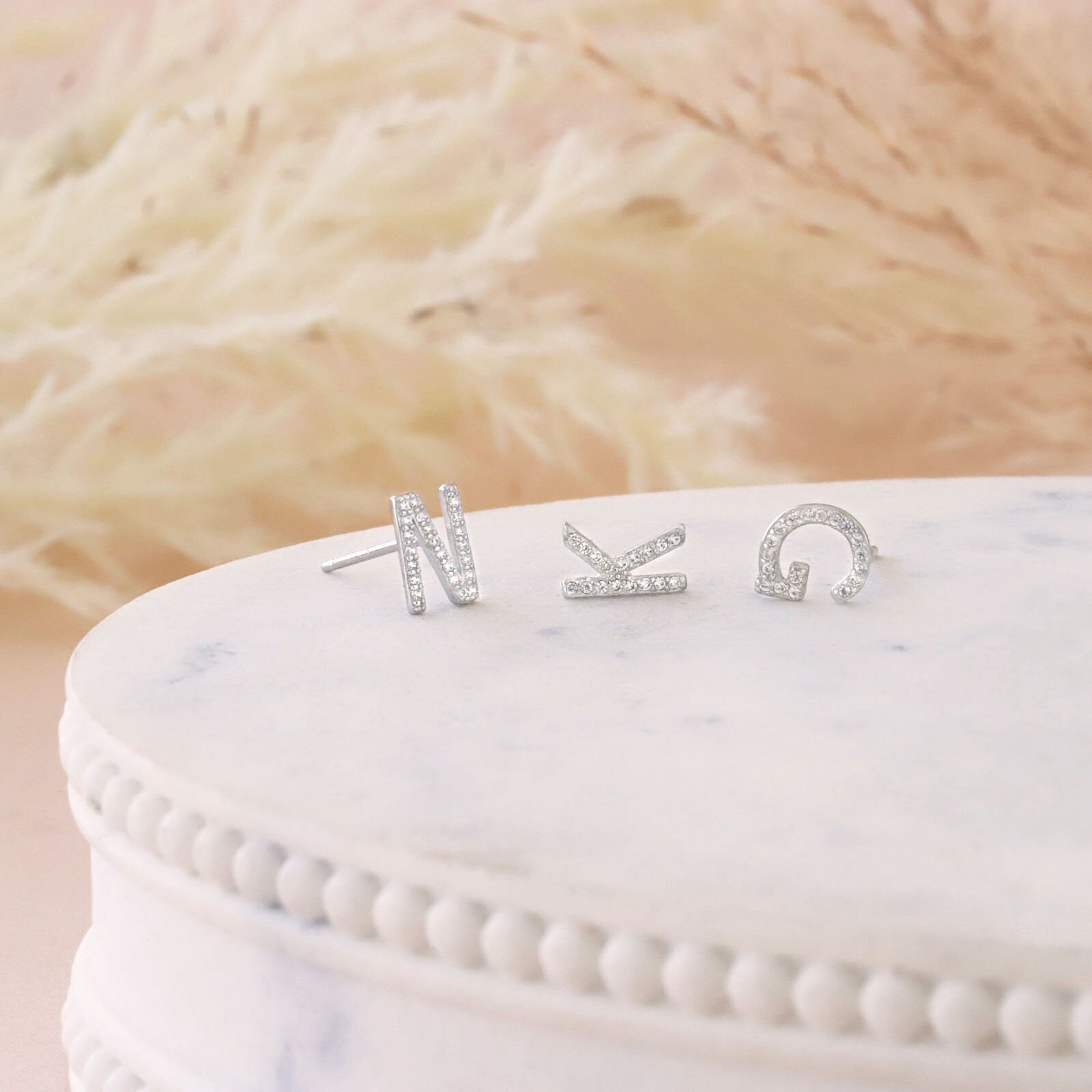 Sterling Silver Initial Stud Earrings with Crystal Accents