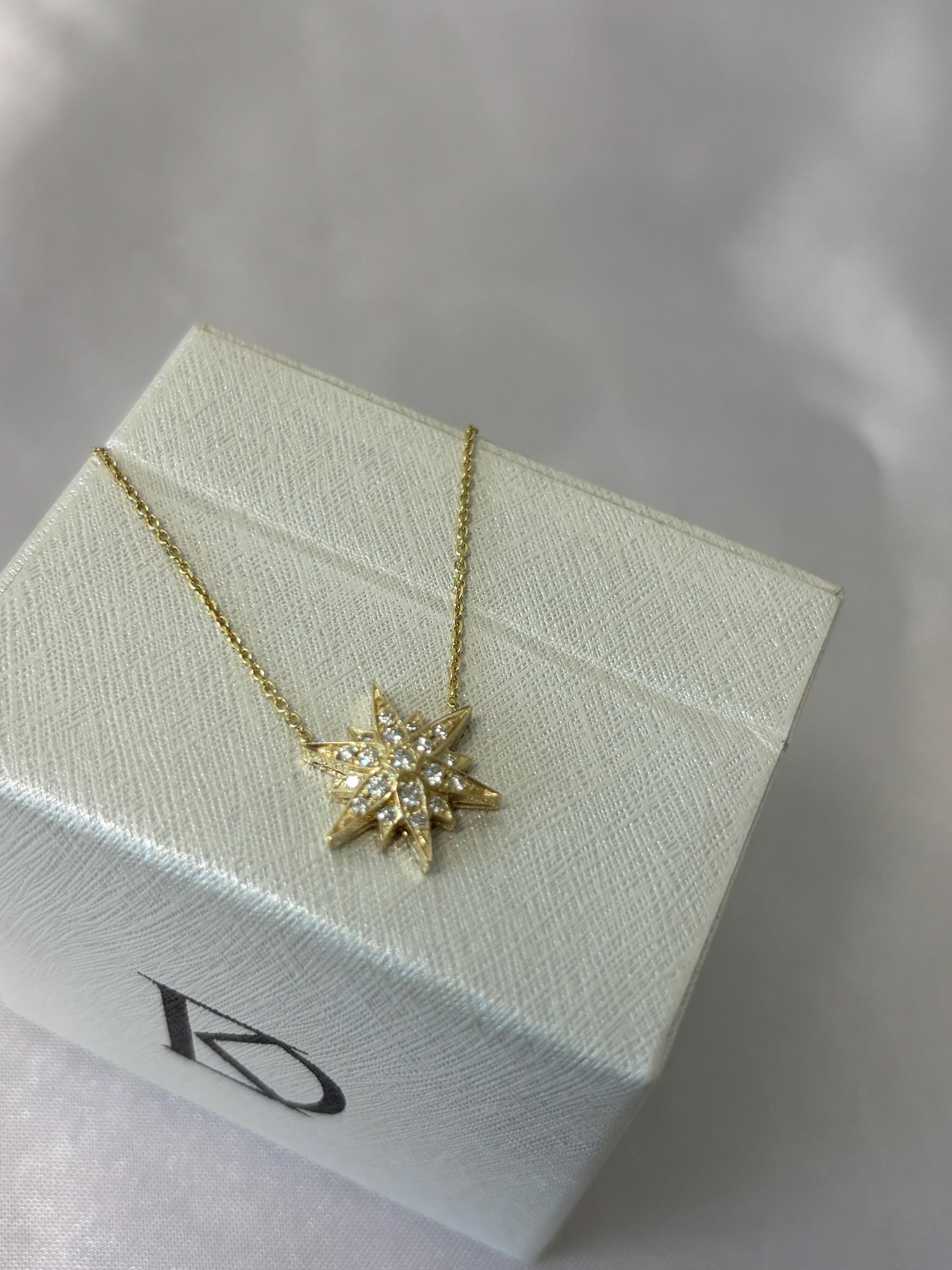 14K Solid Gold Starburst Diamond Pendant Necklace