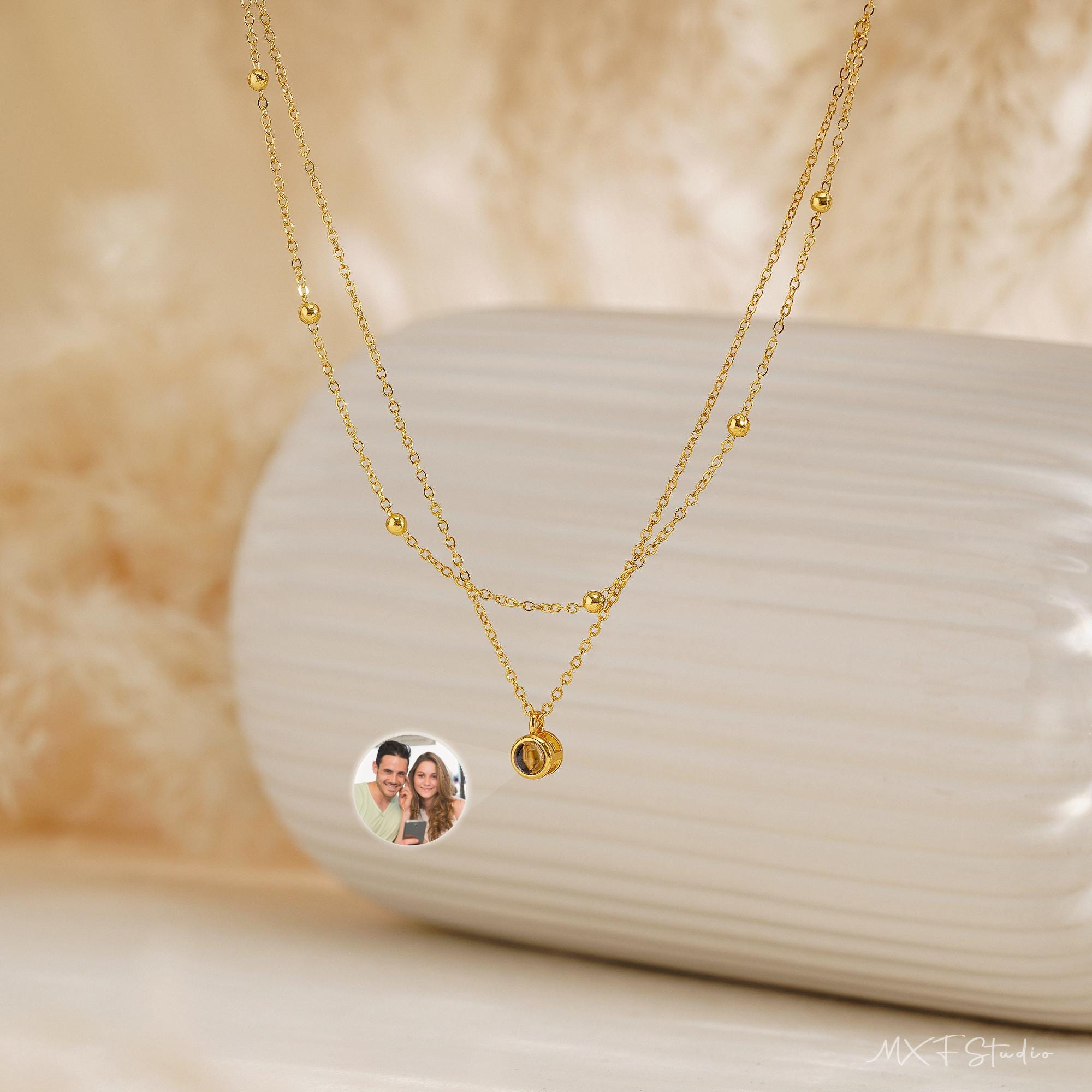 Double Chain Photo Projection Necklace with Layered Copper Pendant