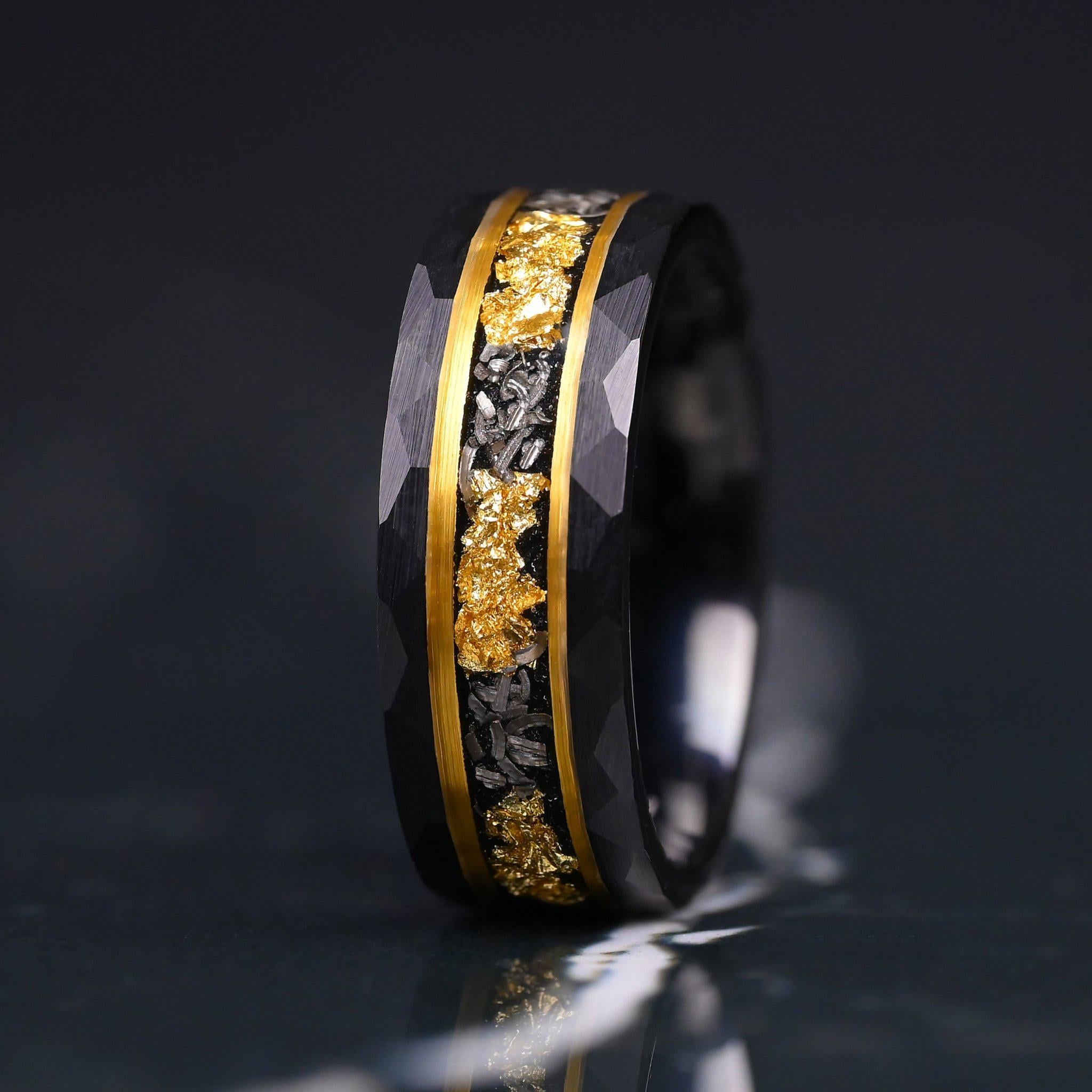Black Tungsten Meteorite Band and Sterling Silver Salt and Pepper Ring Set