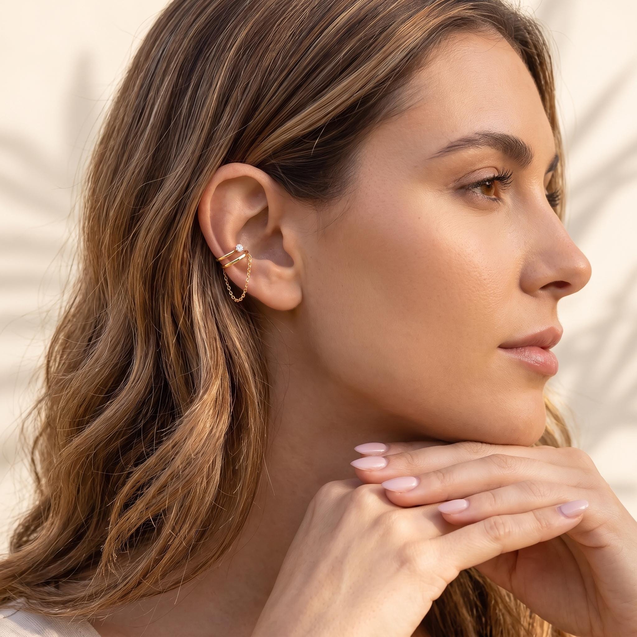 18K Gold Filled CZ Double Wrap Chain Ear Cuffs for Non Pierced Ears