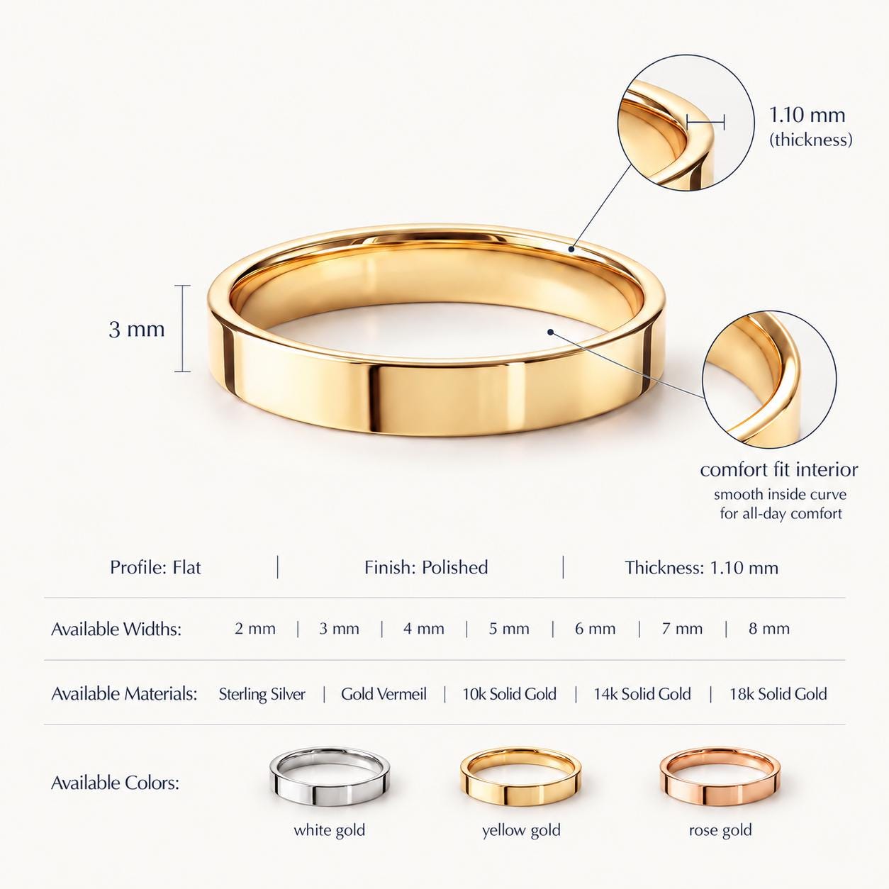 3mm Flat Yellow Gold Wedding Band in 10K, 14K or 18K